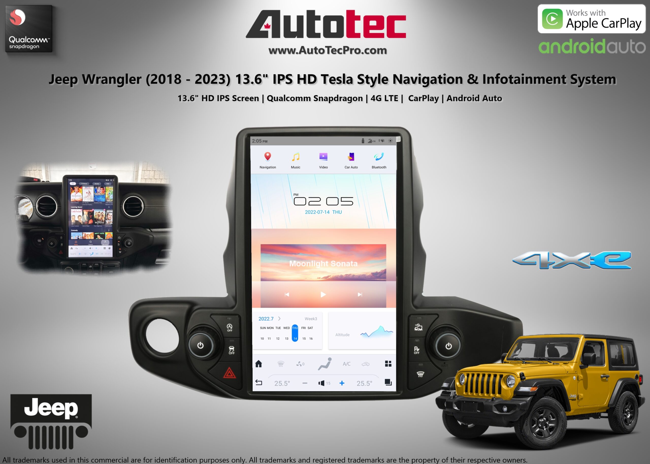 Jeep Wrangler (2018 – 2023) 13.6″ IPS HD Touch-Screen Navigation & Infotainment System | Android 13 | GPS | BT | Wifi | CarPlay