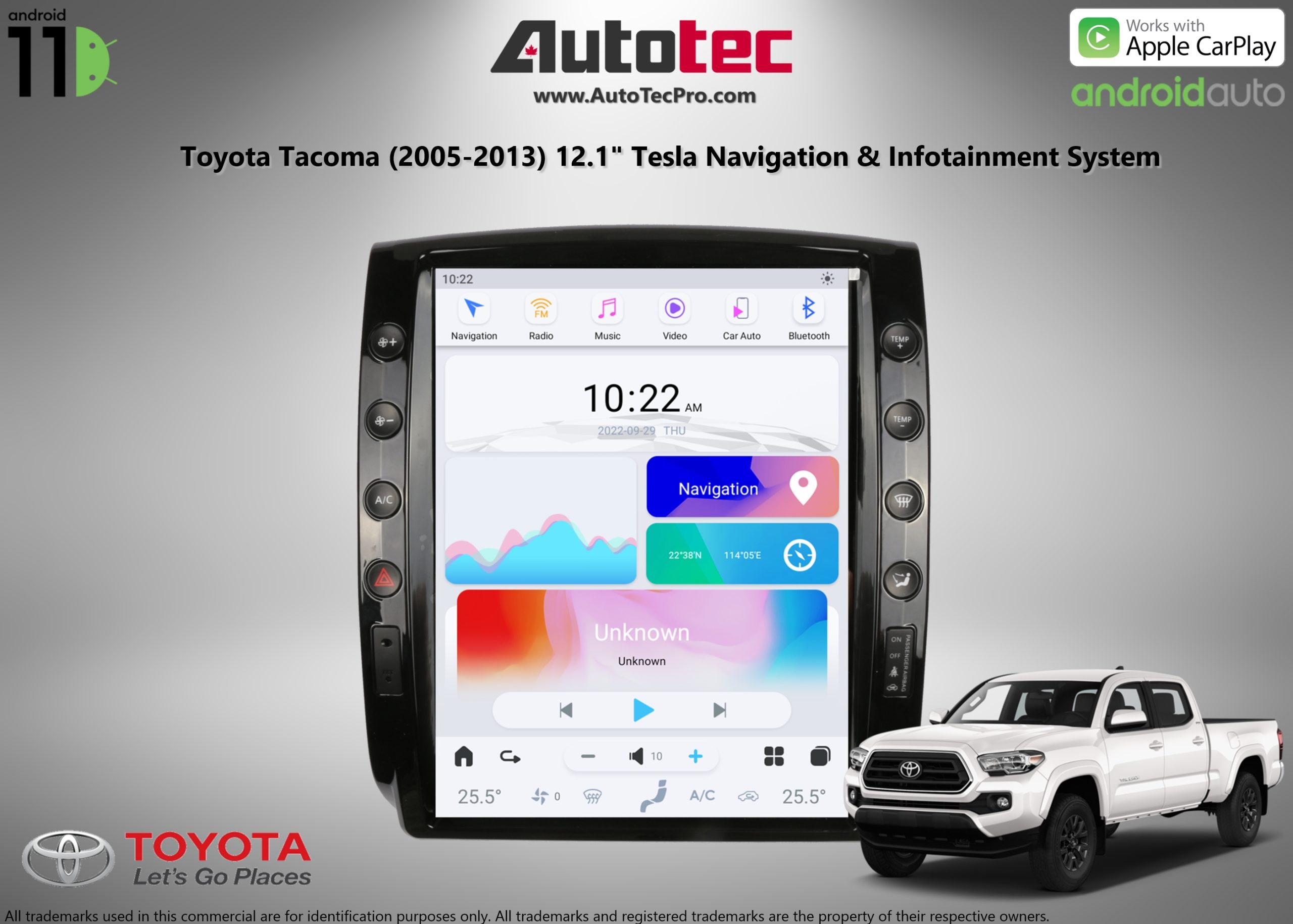 Toyota Tacoma (2005 – 2013) 12.1″ HD Touch-Screen Android Navigation System | Android 11 | GPS | BT | WiFi | Camera | CarPlay