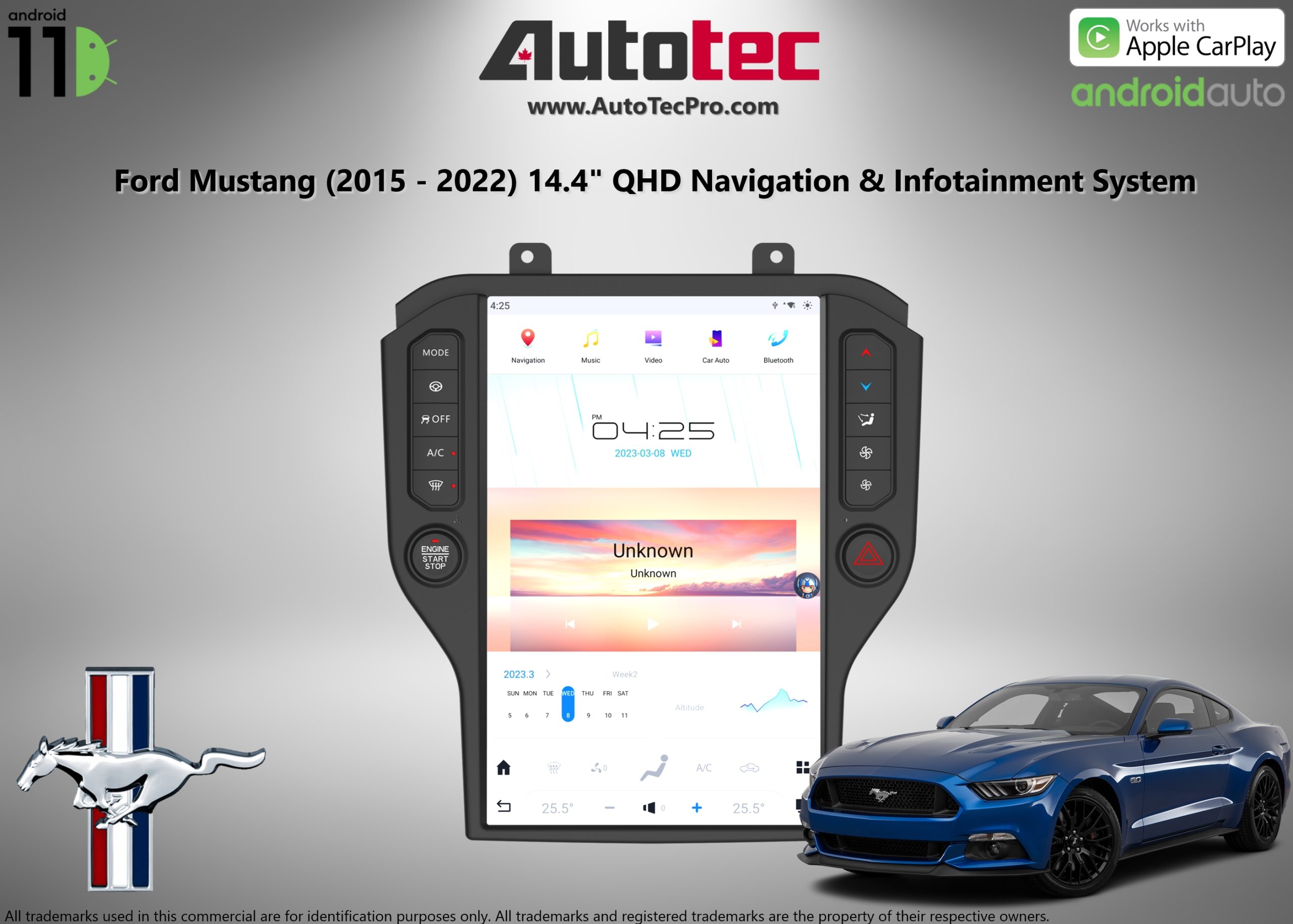 Ford Mustang (2015 – 2022) 14.4″ IPS QHD 2K Touch-Screen Android Navigation System | Android 11 | GPS | BT | Wifi | CarPlay | Android Auto | 4G LTE