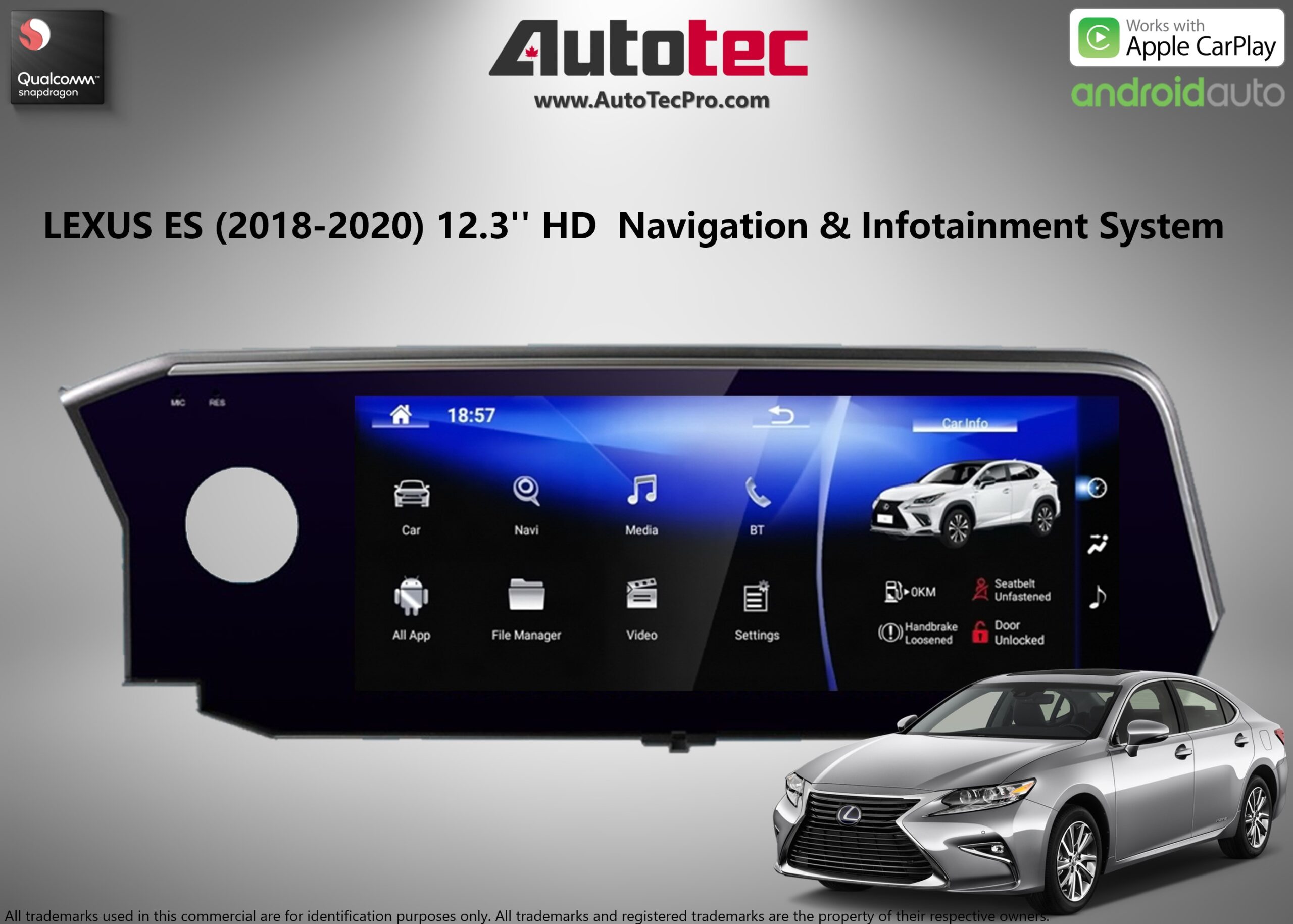 Lexus ES ( 2018- 2020 ) 12.3″ HD Touch-Screen Navigation & Infotainment System | Android 13 | GPS | BT | Wifi | A2DP | CarPlay