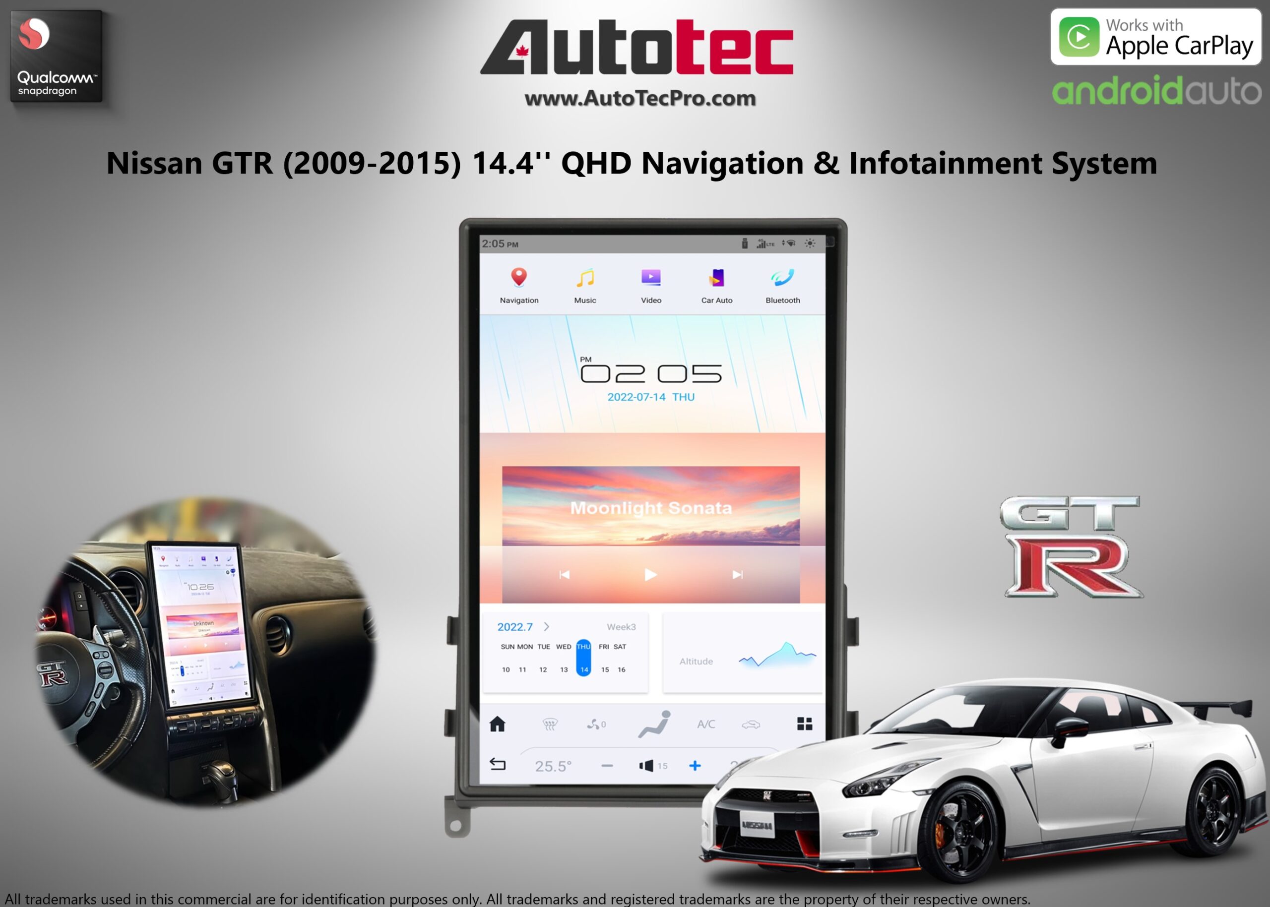 Nissan GTR (2009 – 2015) 14.4″ IPS QHD 2K Touch-Screen Android Navigation System | Android 13 | GPS | BT | Wifi | CarPlay | Android Auto | 4G LTE