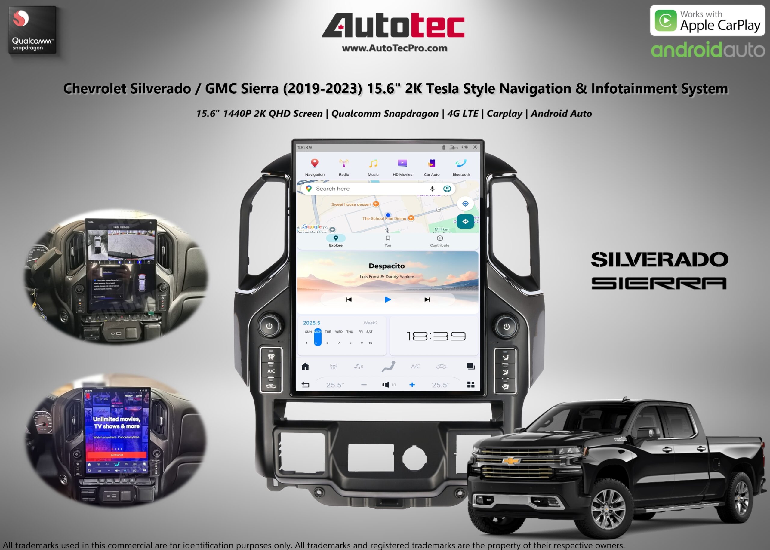 Chevrolet Silverado / GMC Sierra (2019 – 2026) 15.6″ IPS QHD 2K Touch-Screen Navigation & Infotainment System | Android 13 | GPS | BT | Wifi | CarPlay | Onstar | 4G LTE