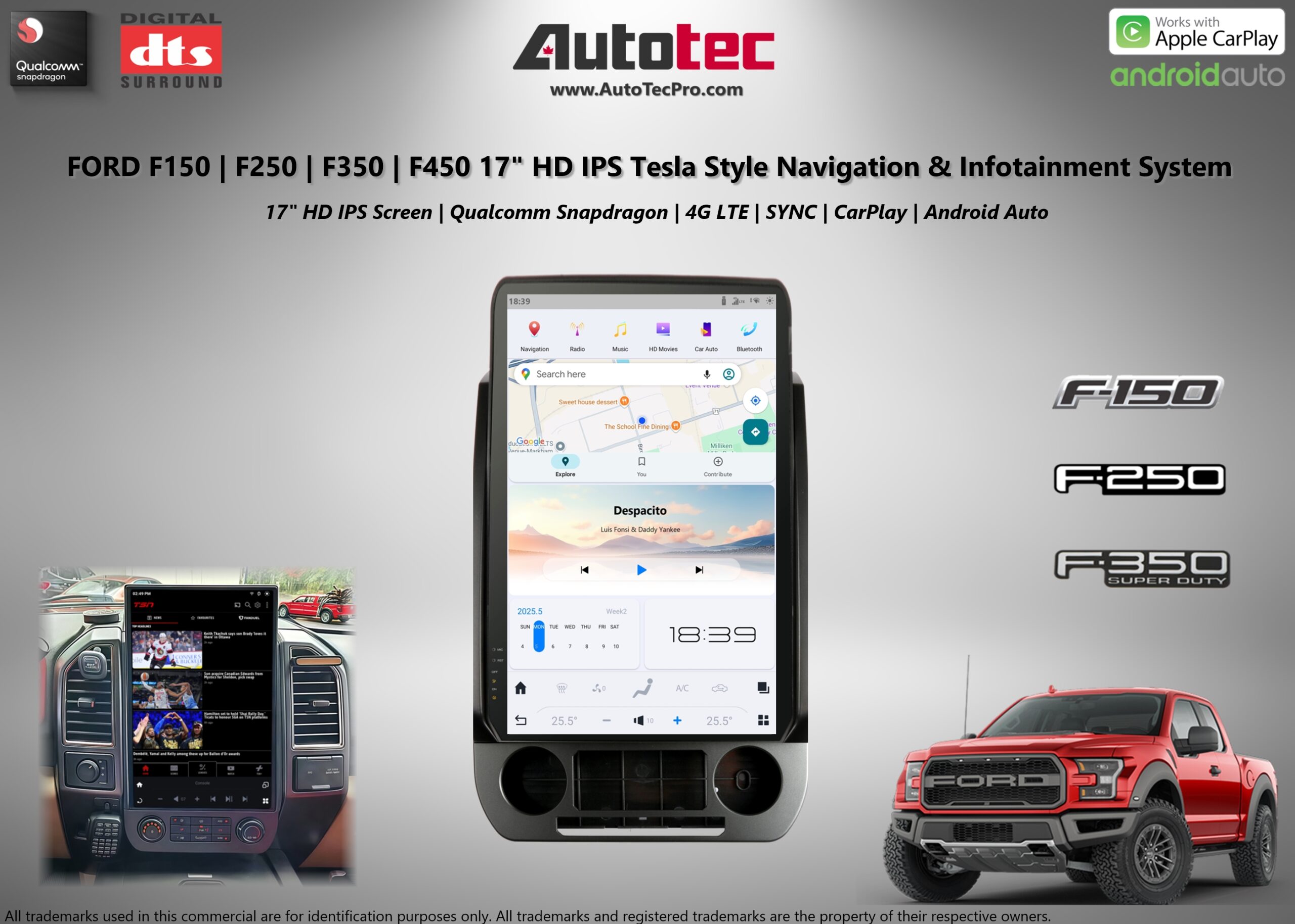 Ford F150 F250 F350 F450 (2015 – 2021) 17″ IPS HD Touch-Screen Navigation & Infotainment System | Android 13 | GPS | BT | Wifi | CarPlay | SYNC | 4G LTE