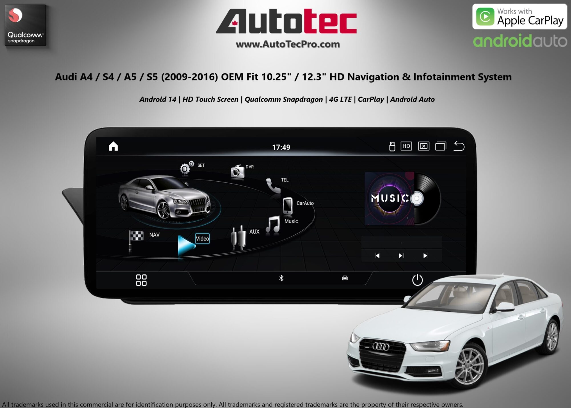 AUDI A4 / A5 (2009 – 2016) OEM FIT 10.25″ / 12.3″ HD IPS Touch-Screen Android Navigation & Infotainment System | Android 14 | GPS | BT | Wifi | 4G LTE | CarPlay | Android Auto | Camera | MMI-3G | MMI-3G+