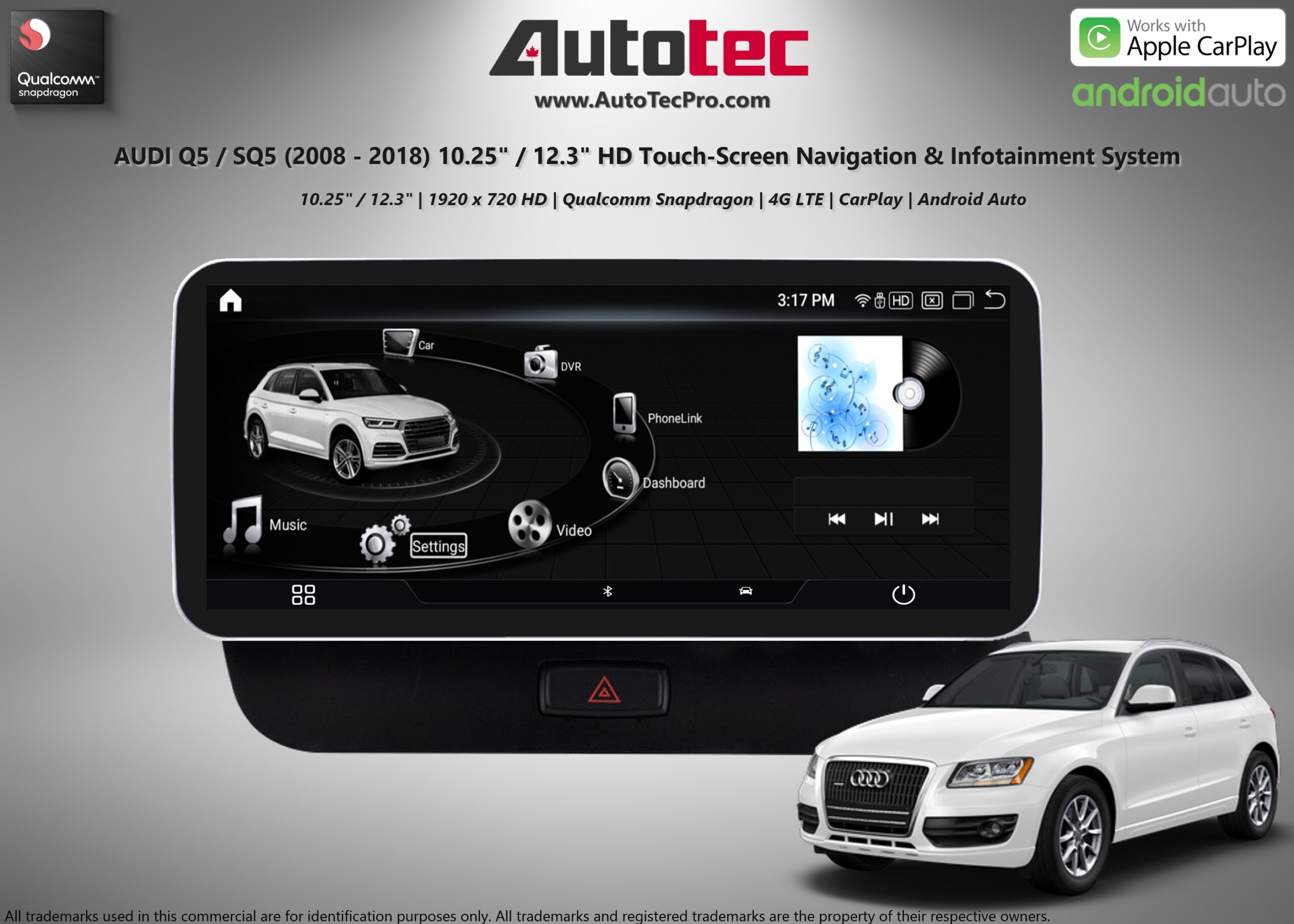 AUDI Q5 / SQ5 (2008 – 2018) OEM FIT 10.25″ / 12.3″ HD IPS Touch-Screen Android Navigation & Infotainment System | Android 14 | GPS | BT | Wifi | 4G LTE | CarPlay | Android Auto | Camera | MMI-3G | MMI-3G+