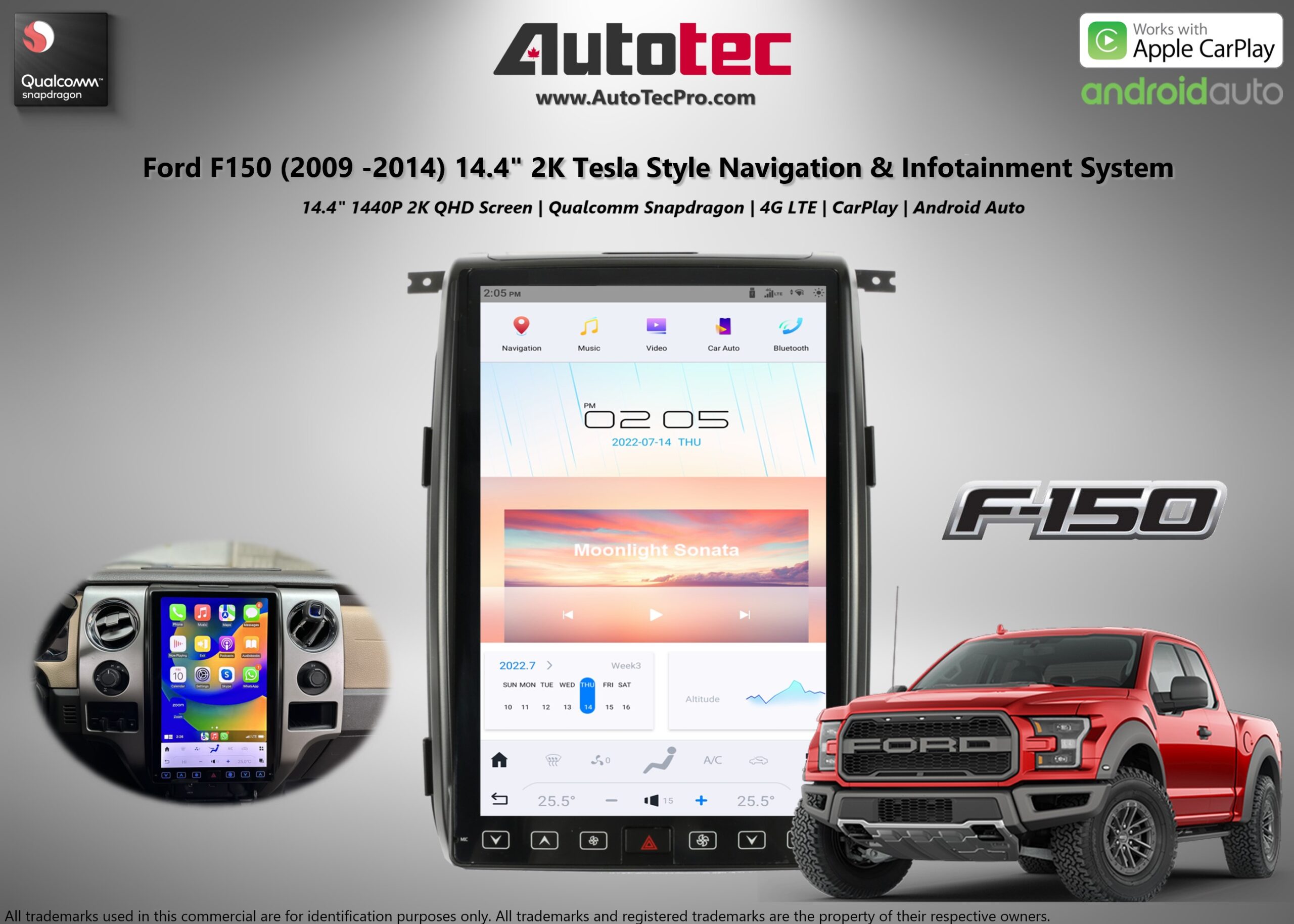 Ford F150 (2009 – 2014) 14.4″ IPS QHD 2K Touch-Screen Android Navigation System | Android 13 | GPS | BT | Wifi | CarPlay | Android Auto | 4G LTE