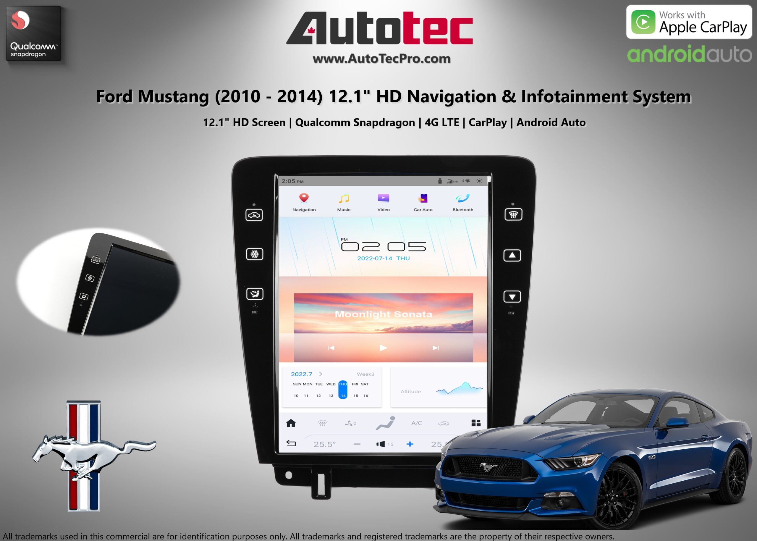 Ford Mustang (2010 – 2014)  12.1″ HD Touch-Screen Navigation & Infotainment System | Android 13 | GPS | BT | WiFi | Camera | CarPlay