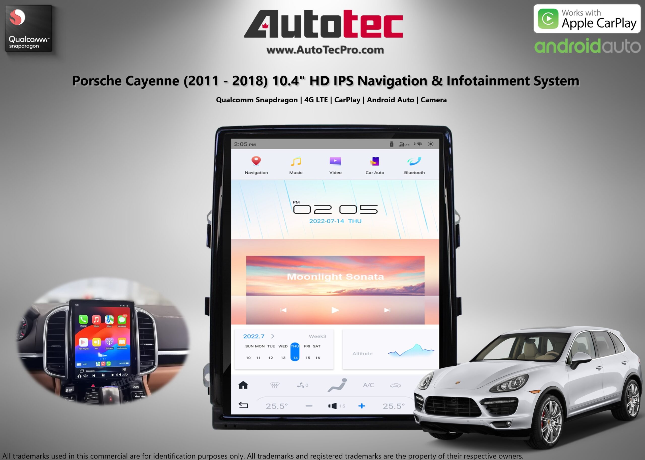 Porsche Cayenne (2011 – 2018) 10.4″ HD IPS Tesla-Style Navigation & Infotainment System | GPS | BT | Wifi | CarPlay | Android Auto | 4G LTE