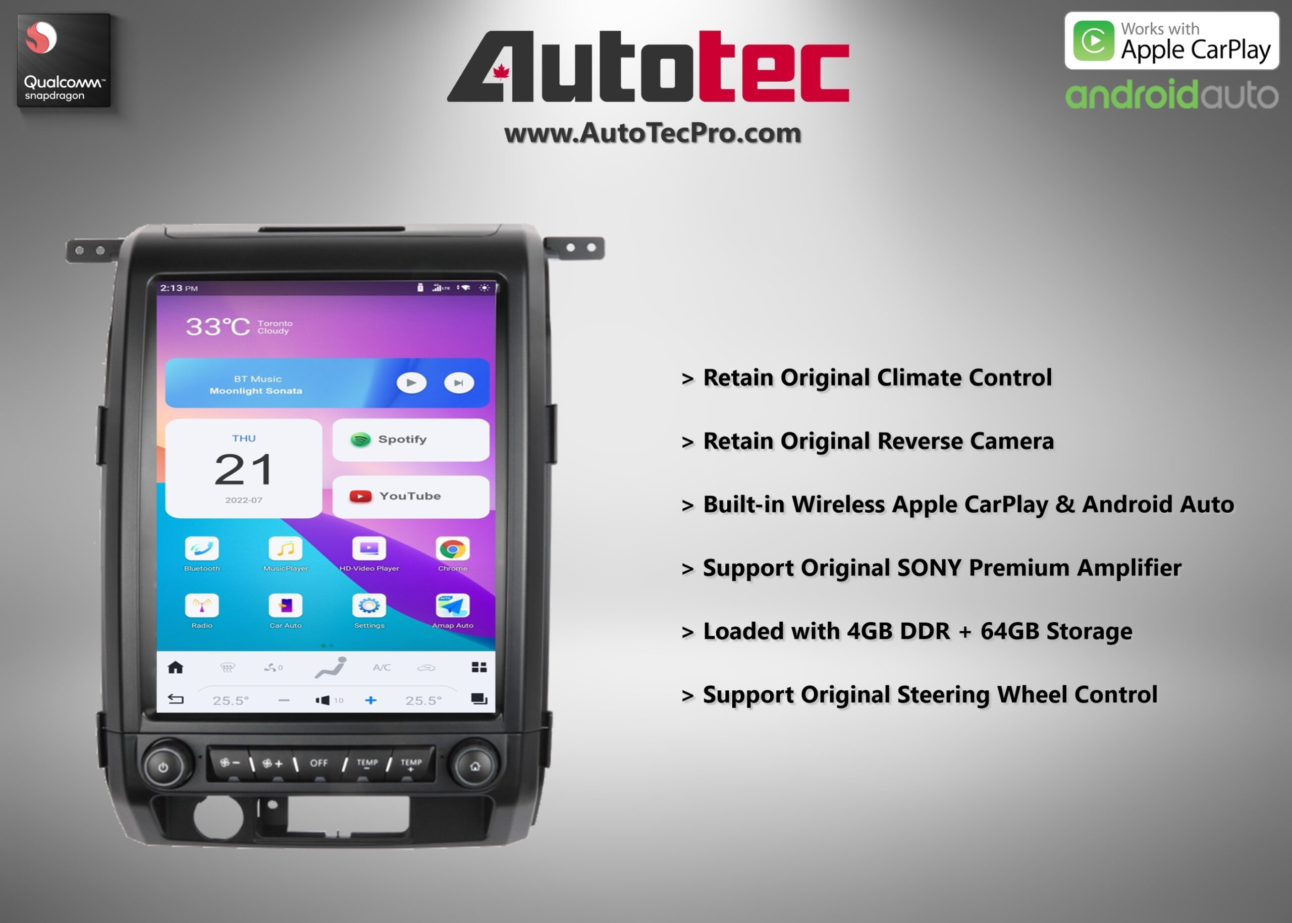 Ford F150 (2009 – 2014)  12.1″ IPS HD Touch-Screen Android Navigation System | Android 13 | GPS | BT | Wifi | CarPlay | Android Auto | 4G LTE