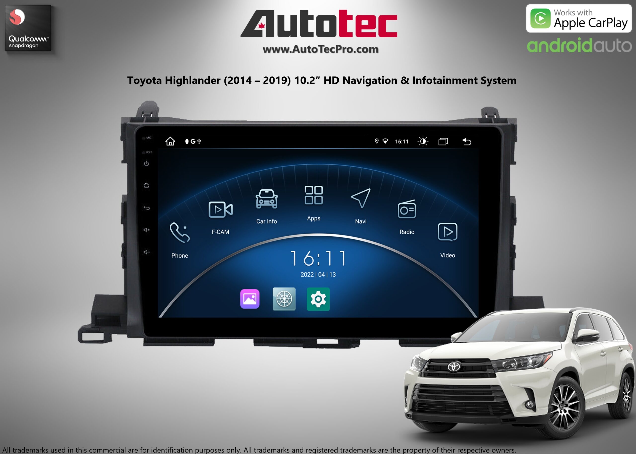 Toyota Highlander (2014 – 2019) 10.2″ HD Touch-Screen Android Navigation System | Android 13 | GPS | BT | WiFi | Camera | CarPlay