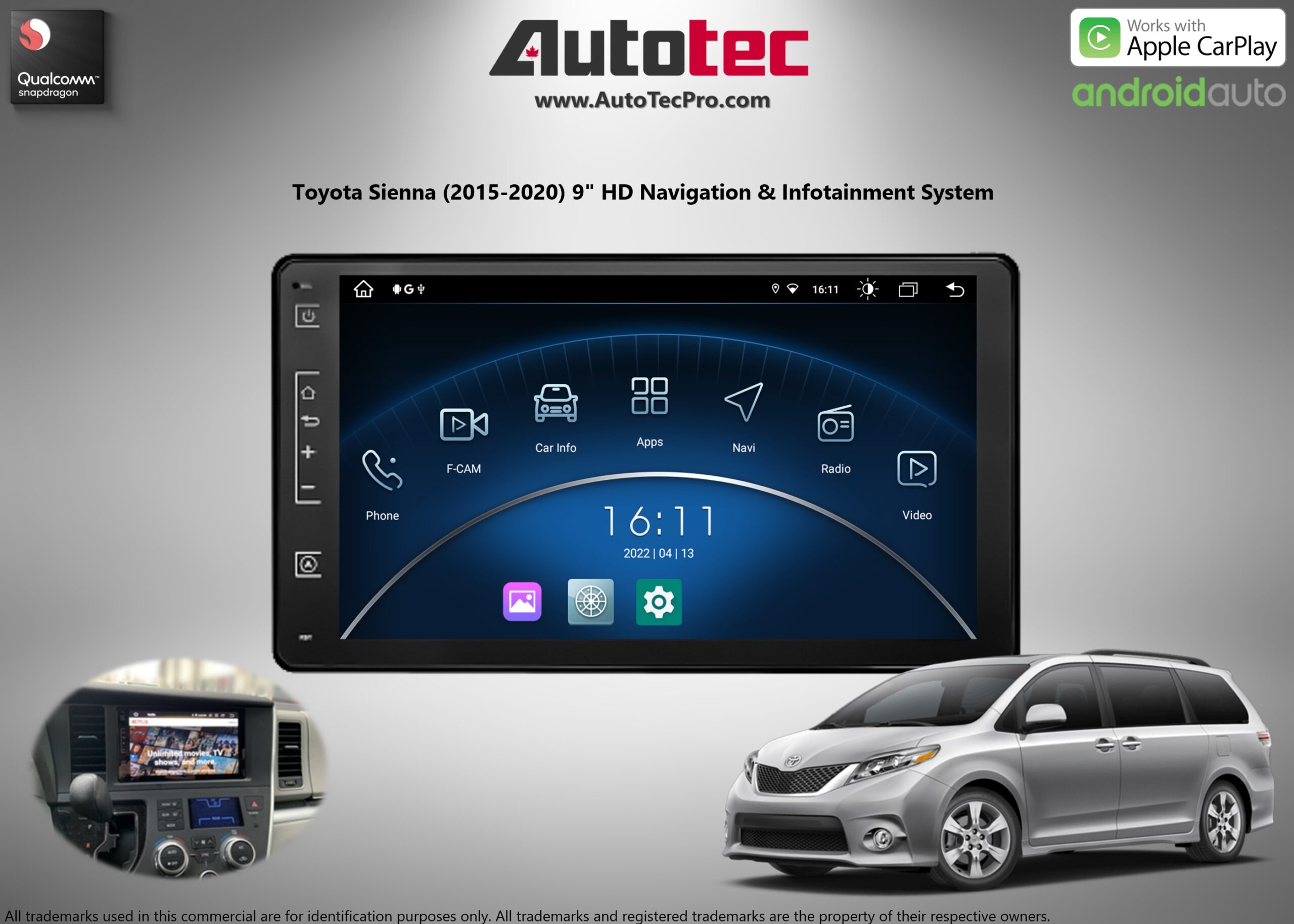 Toyota Sienna (2015 – 2020) 9″ HD Touch-Screen Android Navigation System | Android 13 | GPS | BT | WiFi | CarPlay