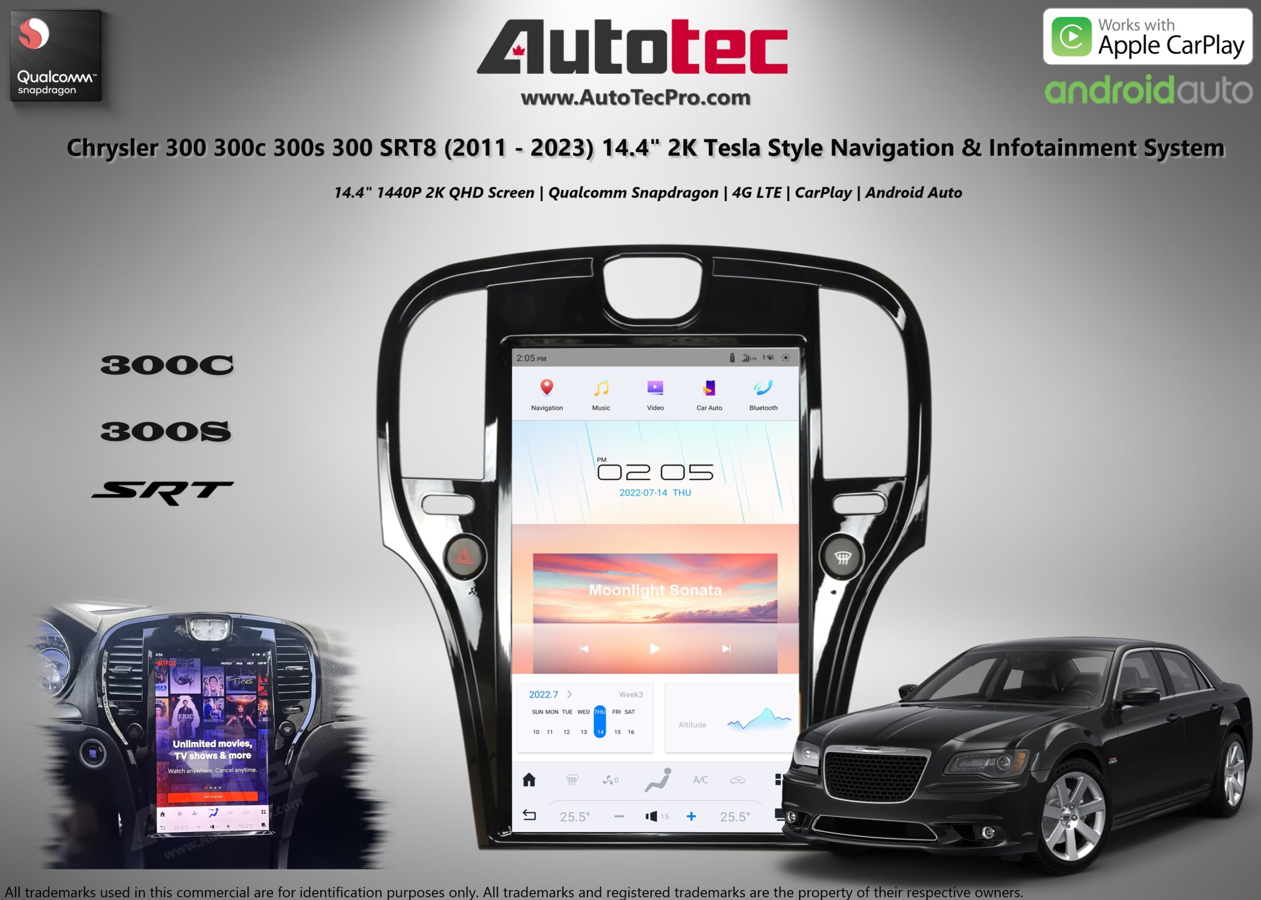 Chrysler 300 300c 300s (2011 – 2023) 14.4″ IPS QHD 2K Touch-Screen Android Navigation System | Android 13 | GPS | BT | Wifi | CarPlay | Android Auto | 4G LTE