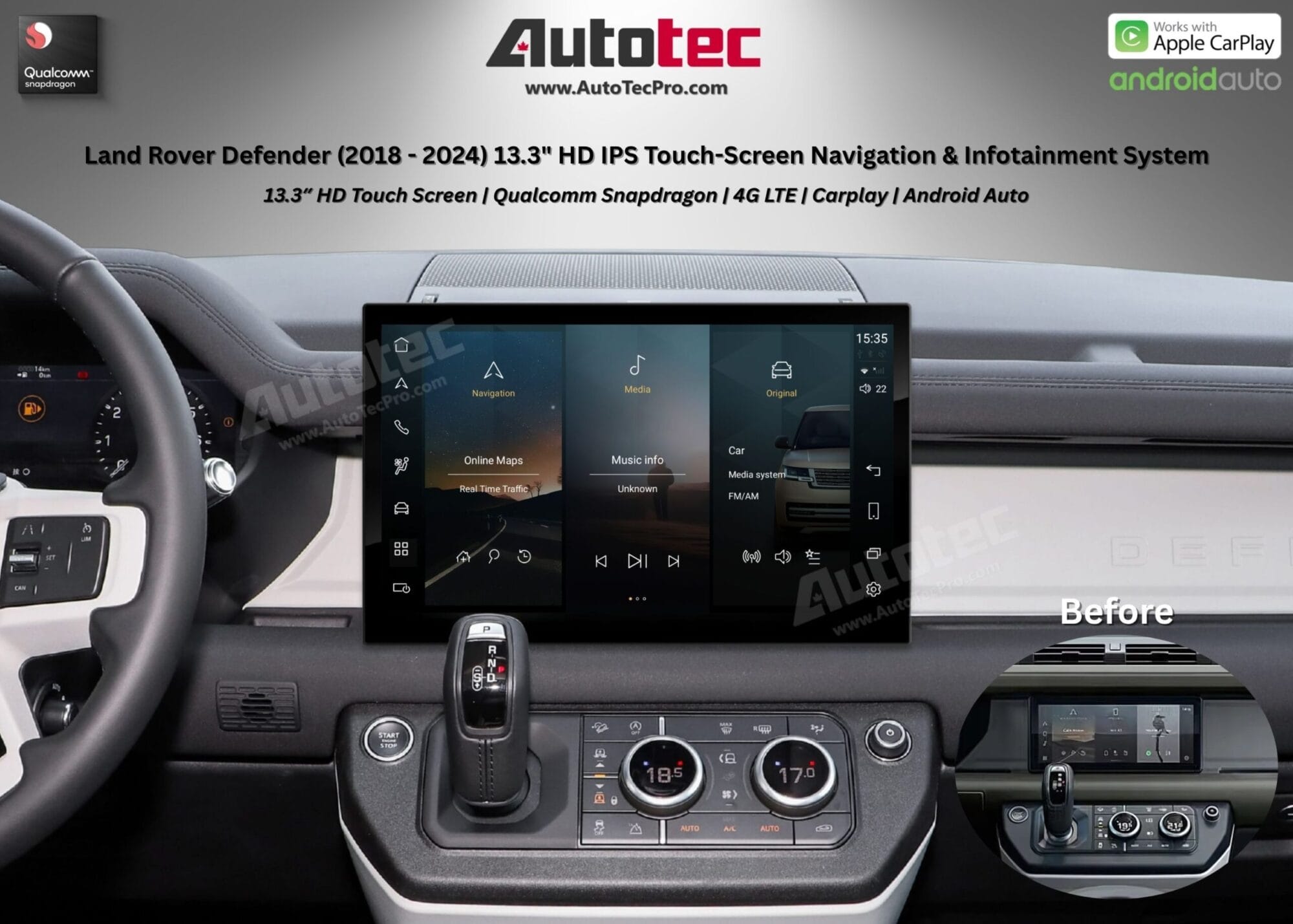 Land Rover Defender (2018 – 2024) 13.3″ HD IPS Touch-Screen Navigation & Infotainment System | Android 14 | GPS | BT | Wifi | CarPlay | PIVI | 4G LTE