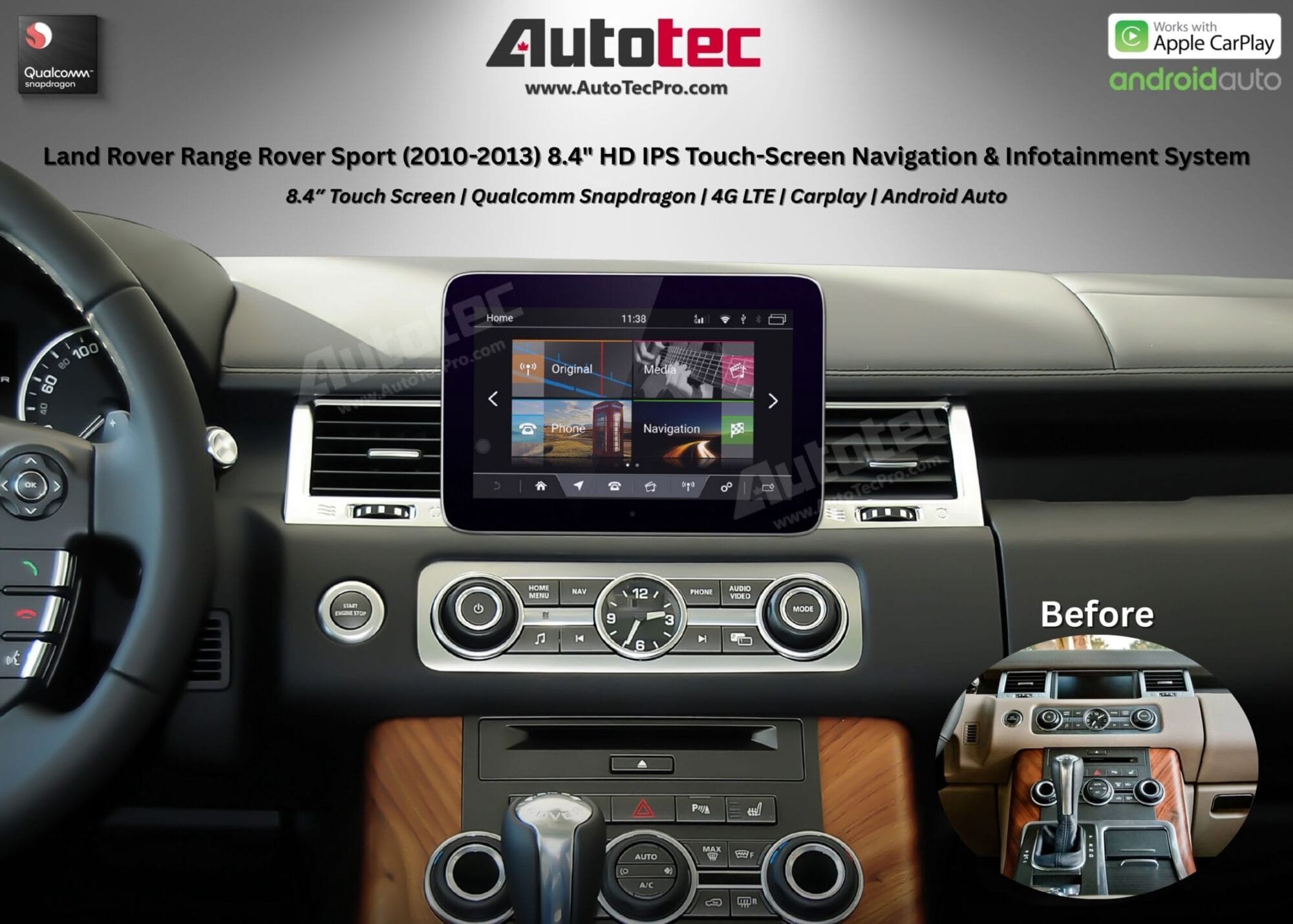 Land Rover Range Rover Sport (2010-2013) 8.4″ HD IPS Touch-Screen Navigation & Infotainment System | Android 14 | GPS | BT | Wifi | CarPlay | Denso | 4G LTE