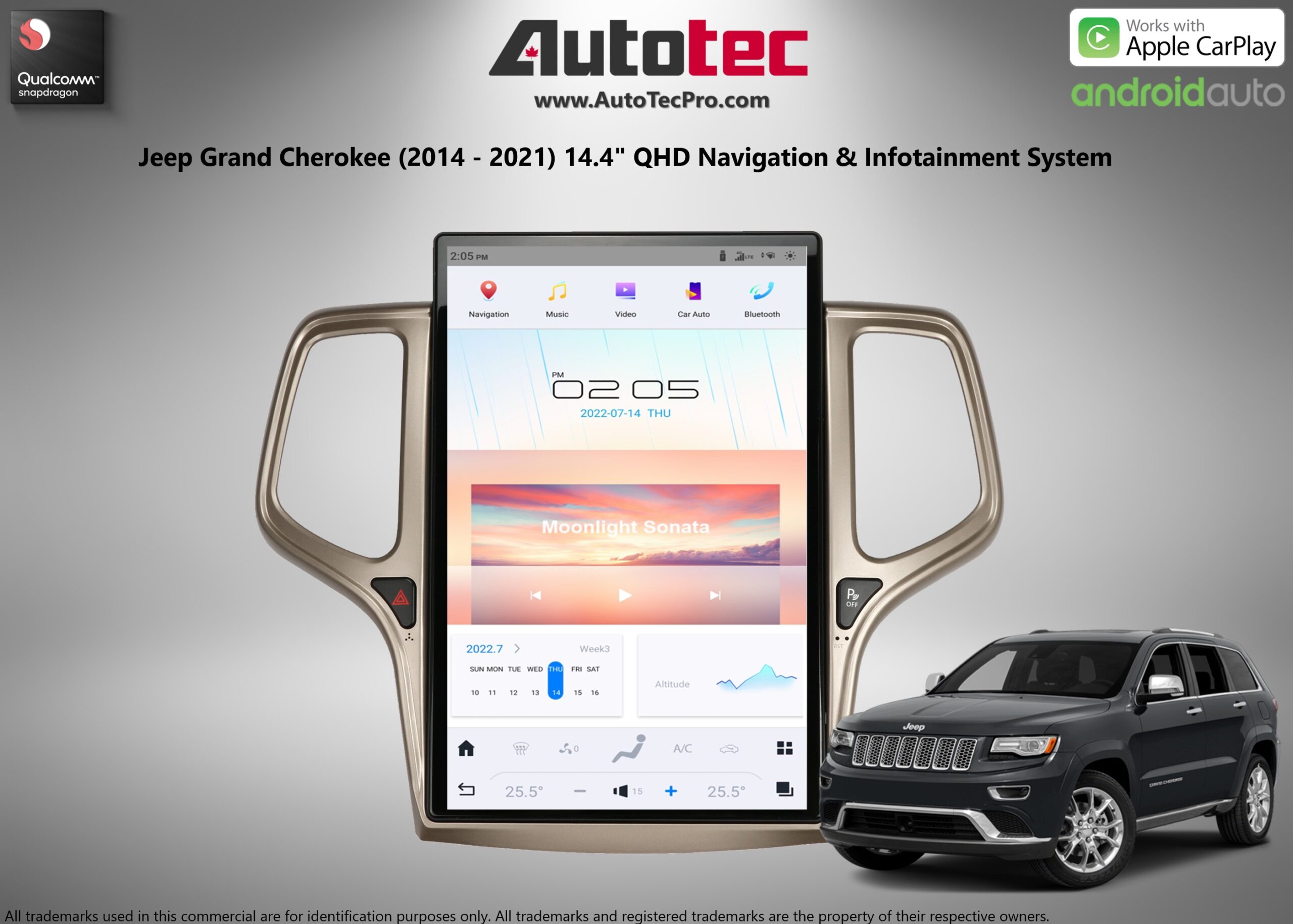 Jeep Grand Cherokee (2014 – 2021) 14.4″ IPS QHD 2K Touch-Screen Android Navigation System | Android 13 | GPS | BT | Wifi | CarPlay | Android Auto | 4G LTE