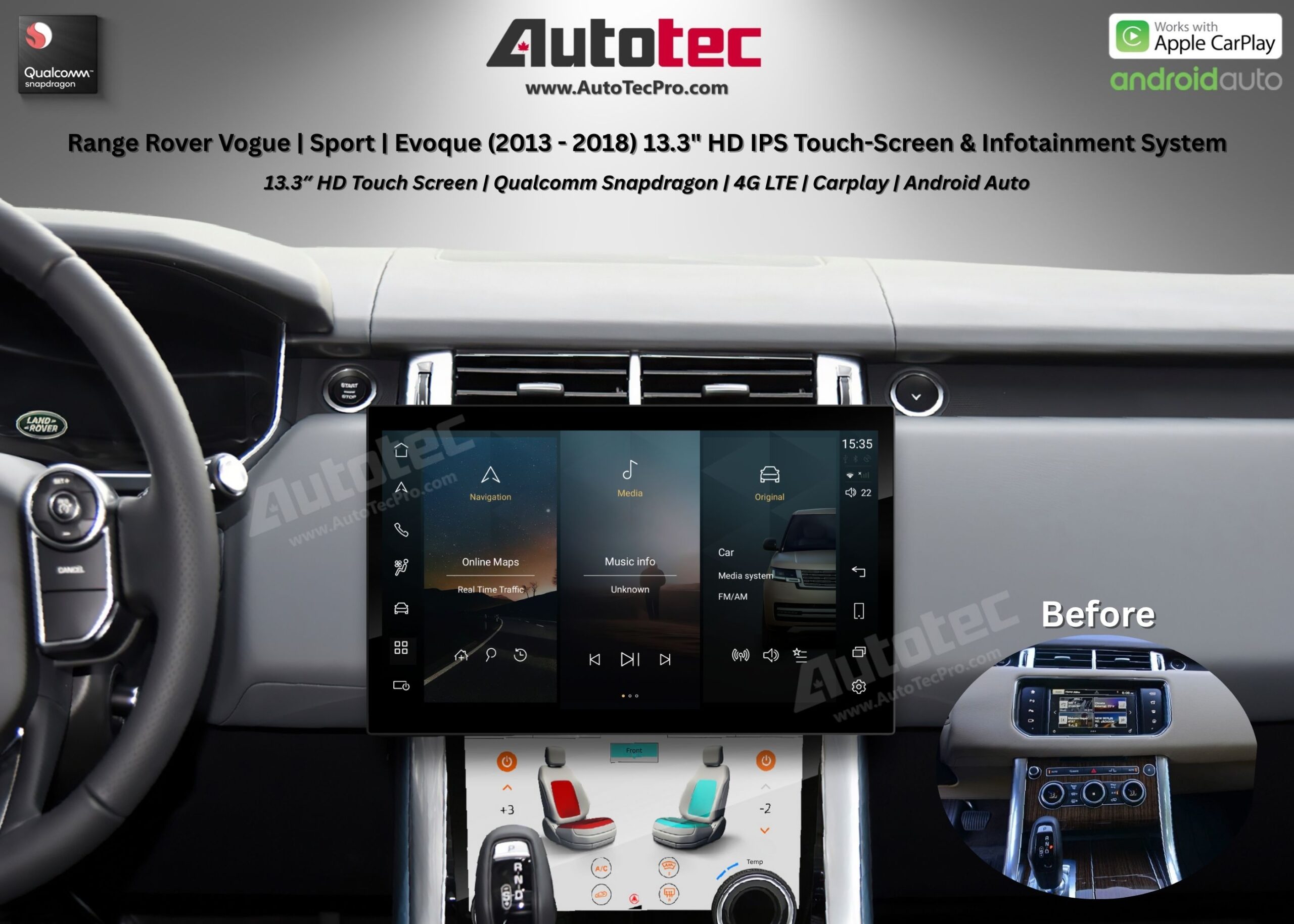 Land Rover Range Rover Vogue | Sport | Evoque (2013 – 2018) 13.3″ HD IPS Touch-Screen Navigation & Infotainment System | Android 13 | GPS | BT | Wifi | CarPlay | Bosch | Harman | 4G LTE