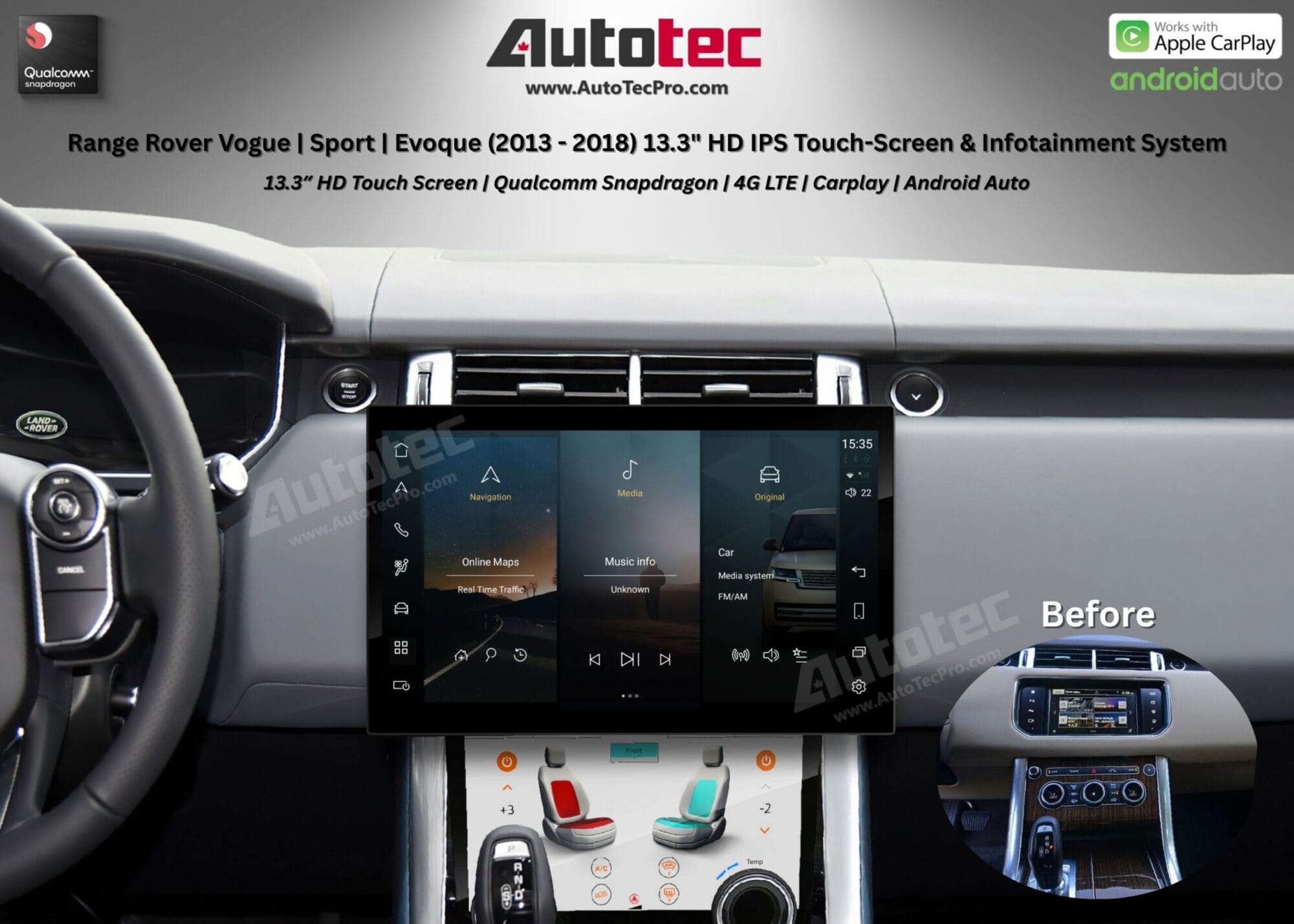 Land Rover Range Rover Vogue | Sport | Evoque (2013 – 2018) 13.3″ HD IPS Touch-Screen Navigation & Infotainment System | Android 14 | GPS | BT | Wifi | CarPlay | Bosch | Harman | 4G LTE