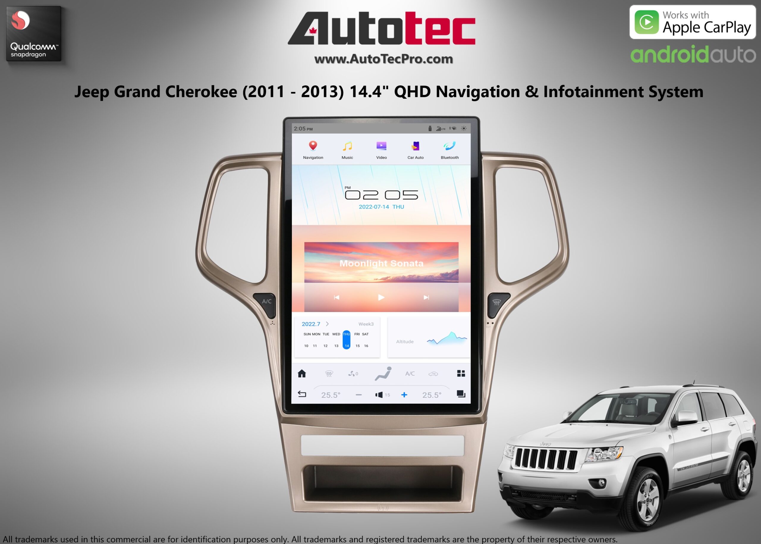 Jeep Grand Cherokee (2011 – 2013) 14.4″ IPS QHD 2K Touch-Screen Android Navigation System | Android 13 | GPS | BT | Wifi | CarPlay | Android Auto | 4G LTE