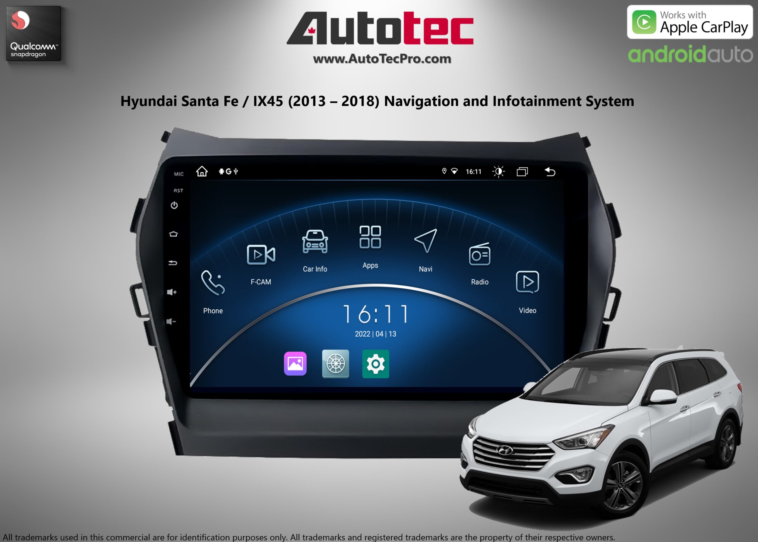 Hyundai Santa Fe / IX45 (2013 – 2018) OEM FIT HD Touch-Screen Android Navigation System | Android 13 | GPS | BT | Wifi | CarPlay | Android Auto | 4G LTE