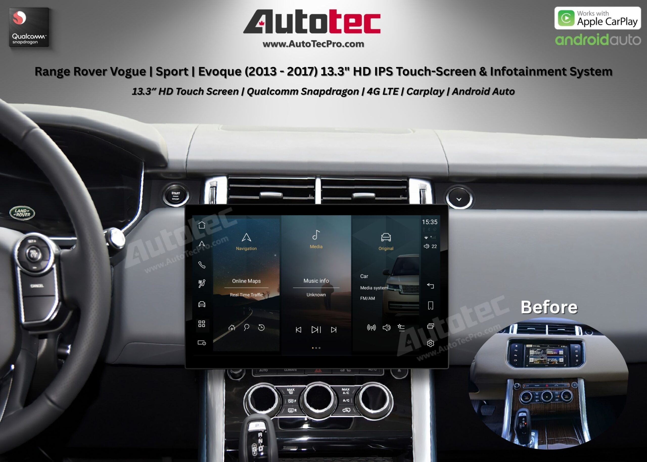Land Rover Range Rover Vogue | Sport | Evoque (2013 – 2017) 13.3″ HD IPS Touch-Screen Navigation & Infotainment Systemid 13 | GPS | BT | Wifi | CarPlay | Bosch | Harman | 4G LTE