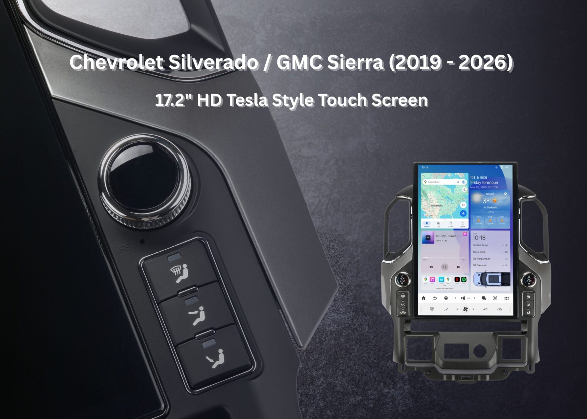 Chevrolet Silverado / GMC Sierra (2019 – 2026) 17.2″ IPS HD Touch-Screen Navigation & Infotainment System | Android 14 | GPS | BT | Wifi | CarPlay | Onstar | 4G LTE