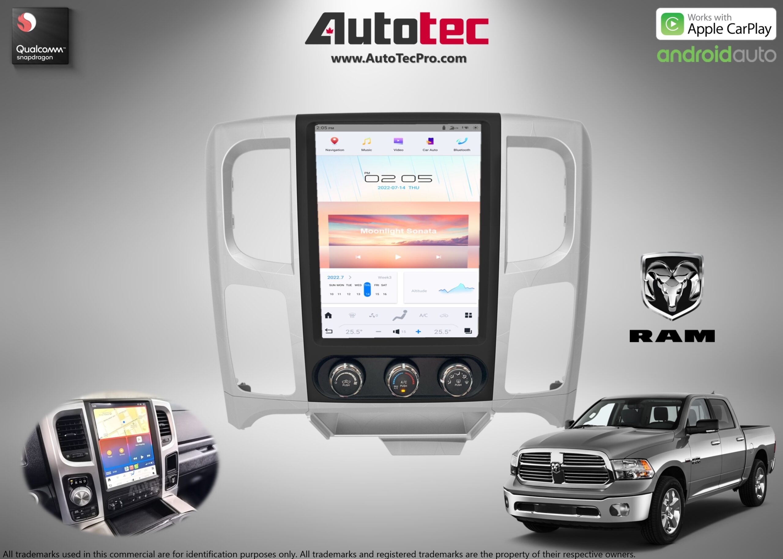 Dodge RAM (2013 – 2022) 12.1″ HD Tesla-Style Navigation & Infotainment System | Android 13 | GPS | BT | Wifi | CarPlay | Android Auto | 4G LTE