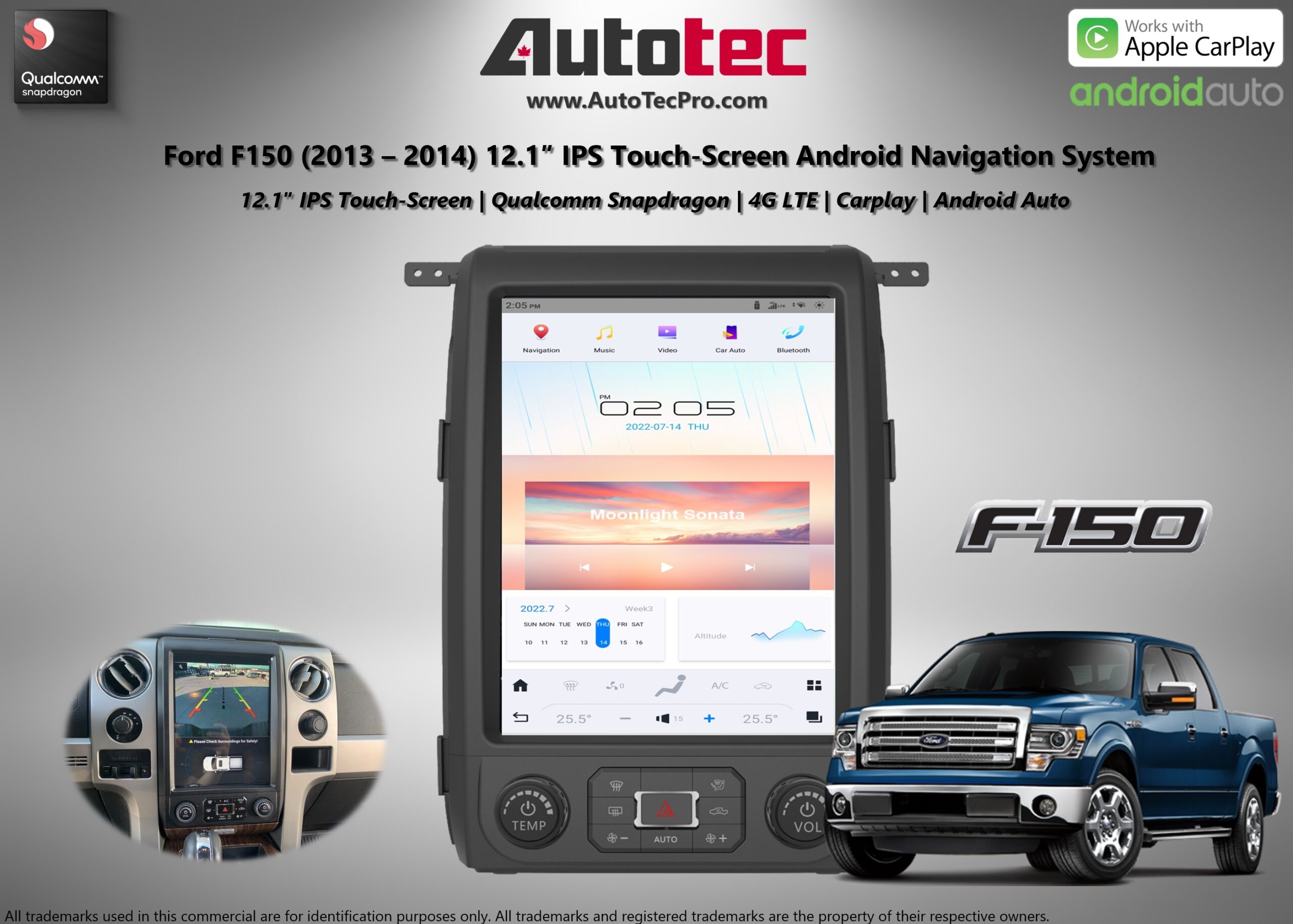 Ford F150 (2013 – 2014) 12.1″ IPS Touch-Screen Android Navigation System | Android 13 | GPS | BT | Wifi | CarPlay | SYNC | 4G LTE