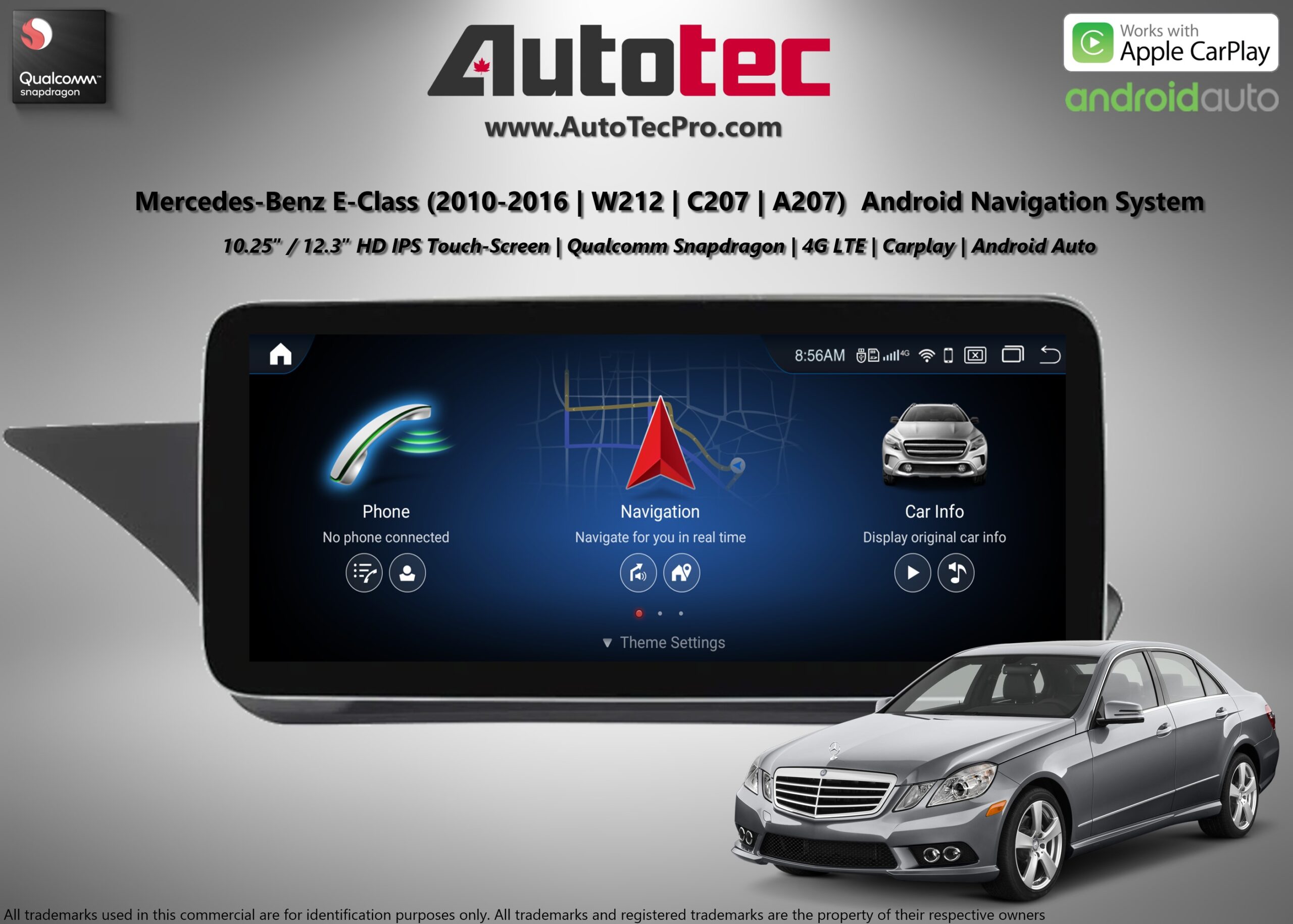Mercedes-Benz E-Class (2010-2016 | W212 | C207 | A207) Direct-Fit 10.25″ / 12.3″ HD IPS Touch-Screen Android Navigation System | Android 13 | GPS | BT | Wifi | 4G LTE | CarPlay