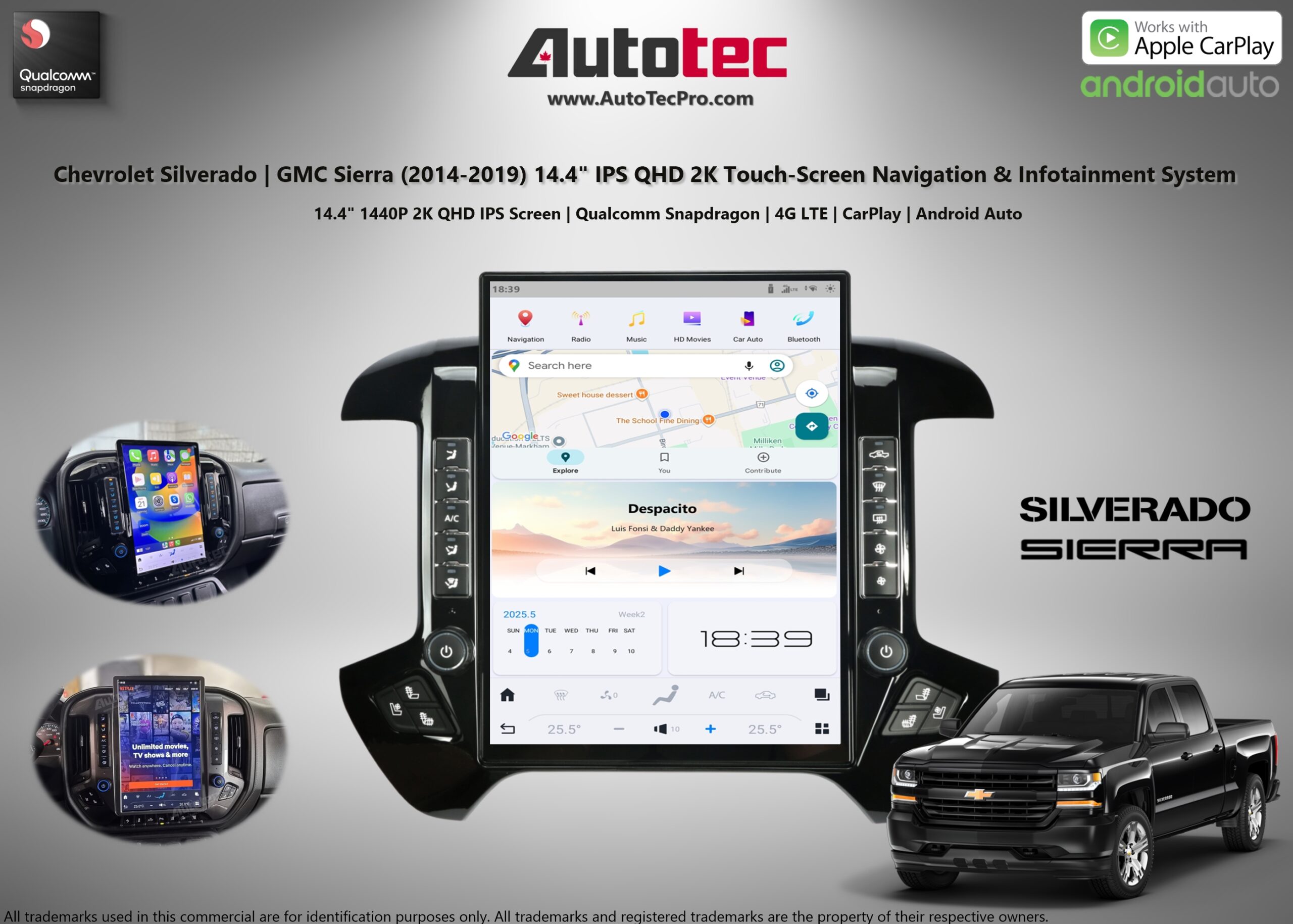 Chevrolet Silverado / GMC Sierra (2014 – 2019) 14.4″ IPS QHD 2K Touch-Screen Navigation & Infotainment System | Android 13 | GPS | BT | Wifi | CarPlay | Onstar | 4G LTE
