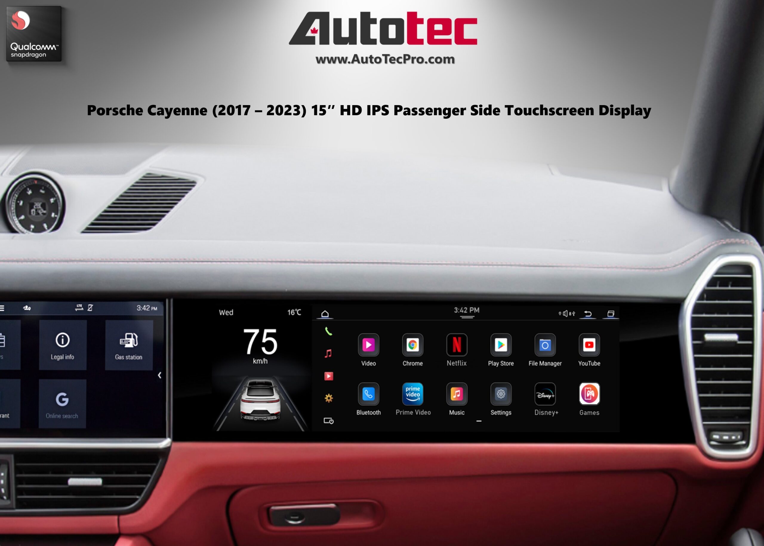 Porsche Cayenne (2017 – 2023) 15″ HD IPS Passenger Side Display | Android 13 | GPS | Video In Motion | WiFi | CarPlay | Android Auto | 4G LTE