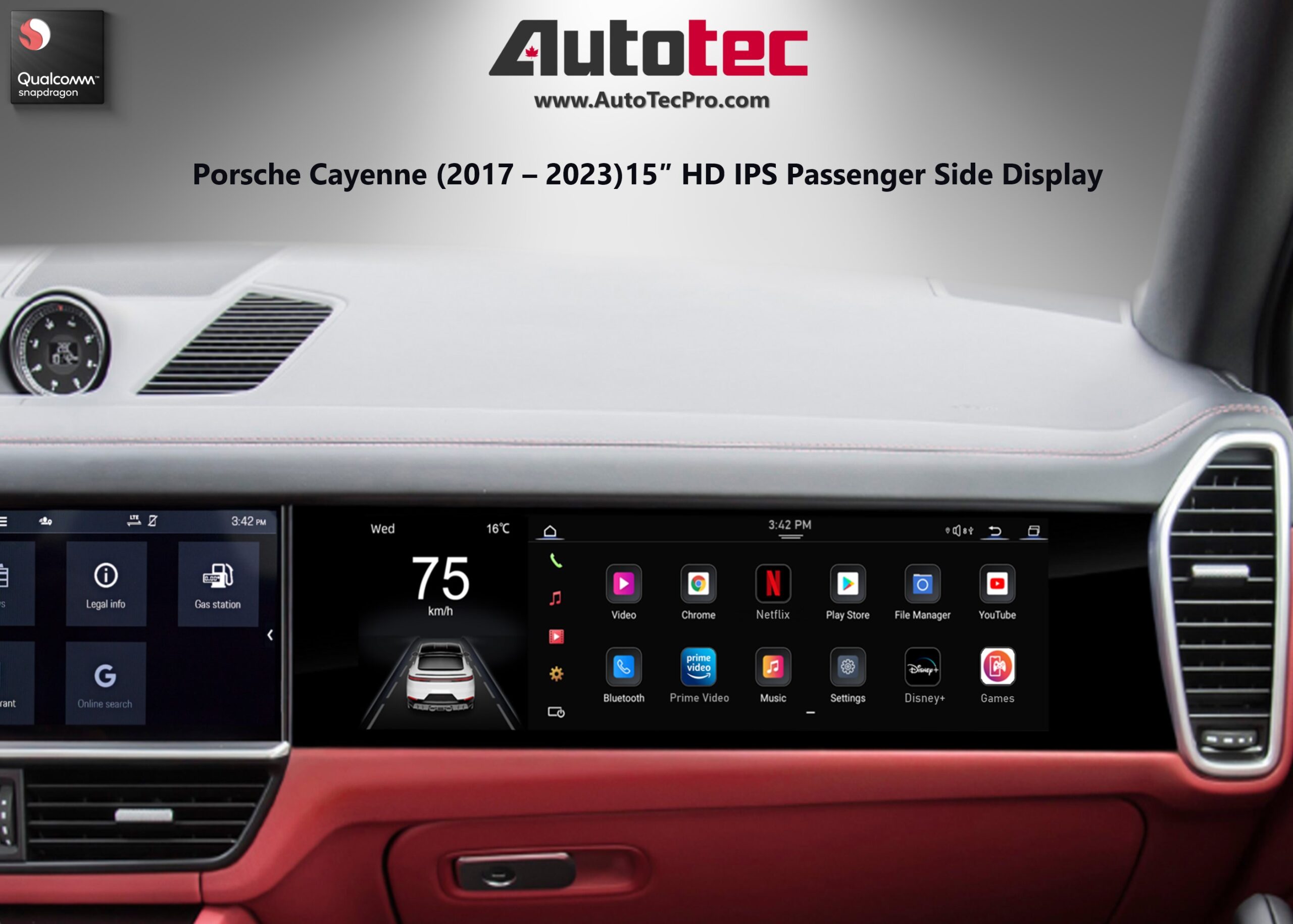 Porsche Cayenne (2017 – 2023) 15″ HD IPS Passenger Side Display | Video In Motion | WiFi | 4G LTE | CarPlay | Android Auto | Plug & Play