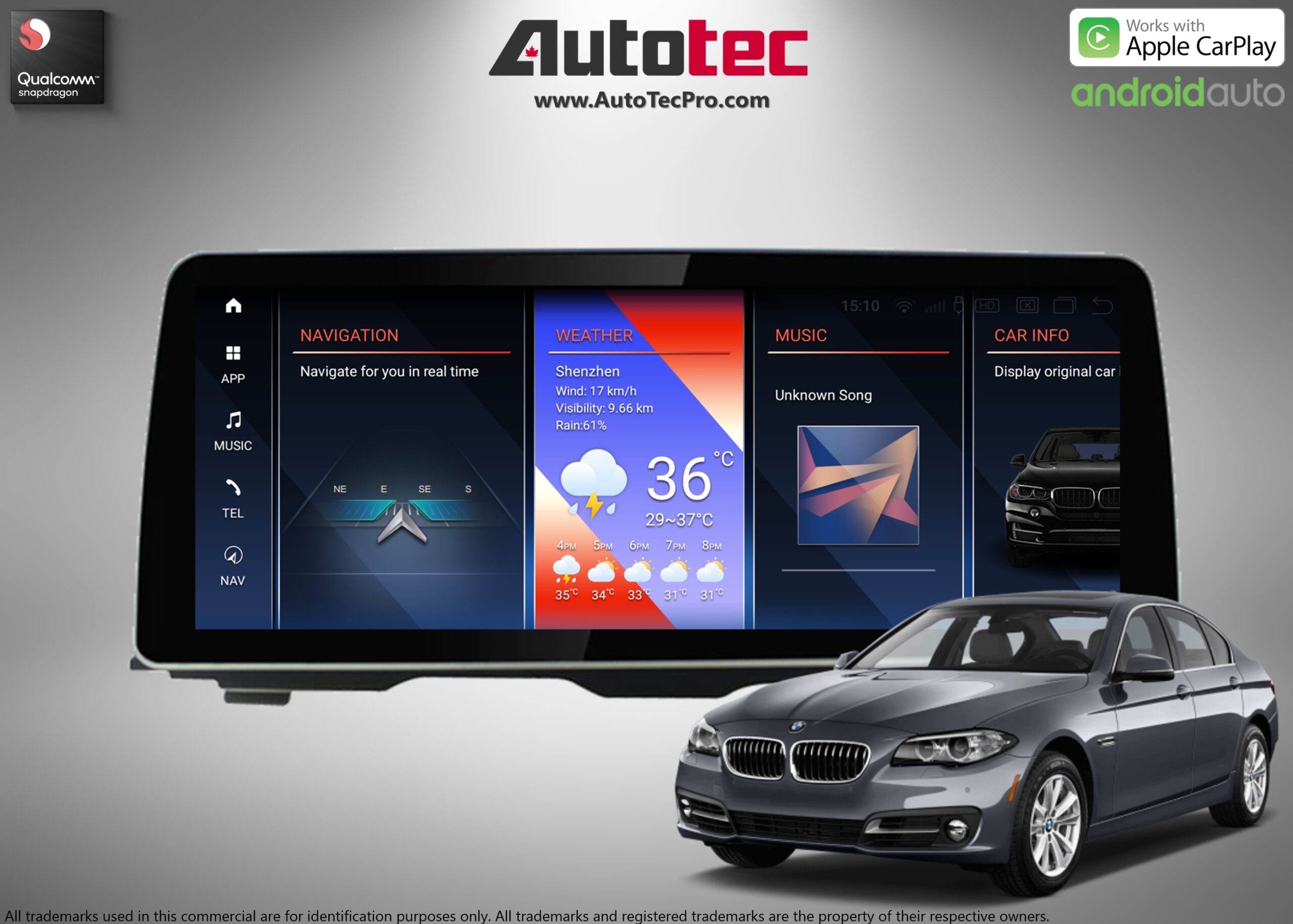 BMW 5 Series (2011 – 2018) F10 F11 OEM-FIT 12.3″ HD Touch-Screen Android Navigation System | Android 13 | GPS | BT | Wifi | 4G LTE | CarPlay