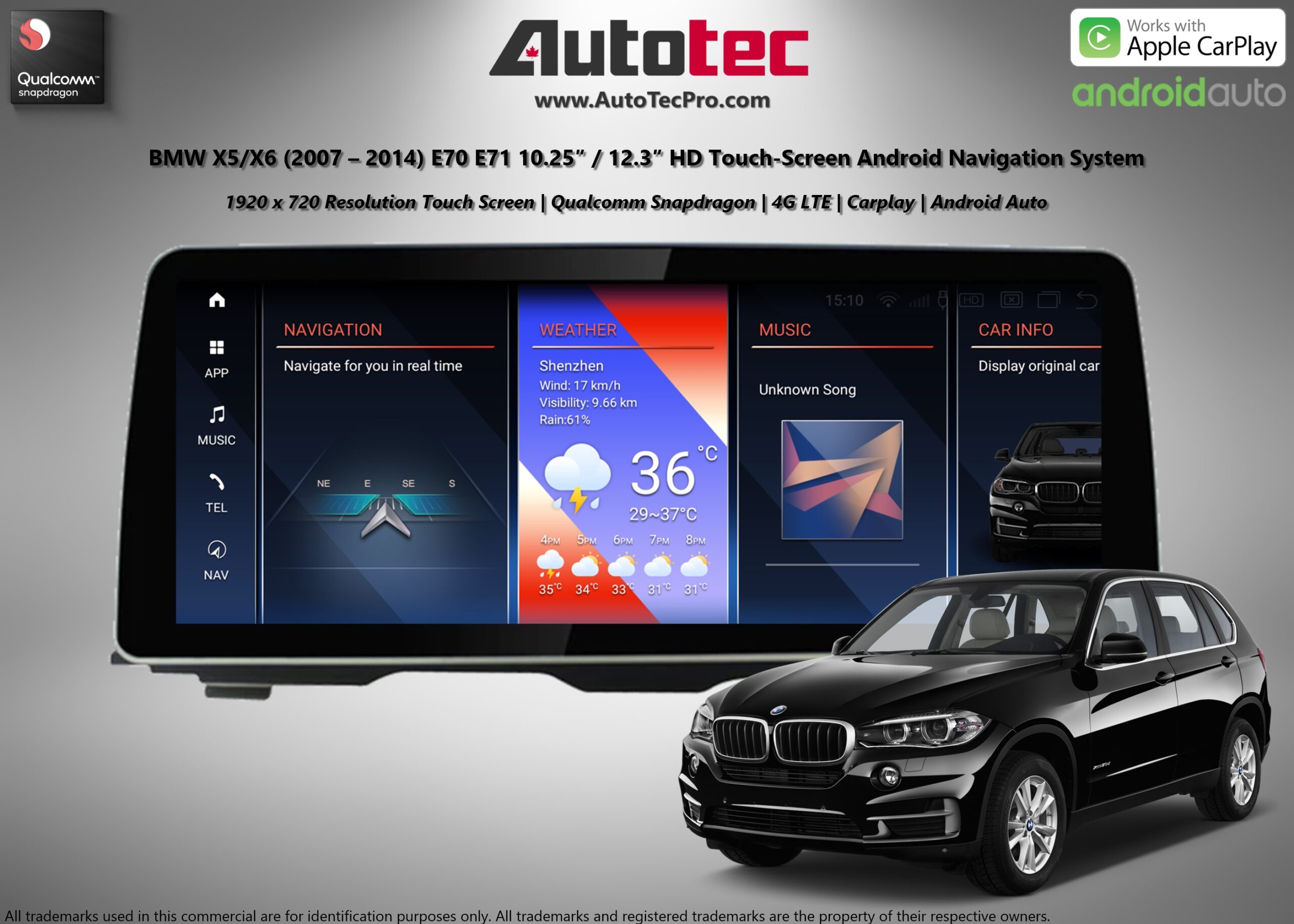 BMW X5/X6 (2007 – 2014) E70 E71 OEM FIT 10.25″ / 12.3″ HD Touch-Screen Android Navigation System | Android 14 | GPS | BT | Wifi | Camera | CarPlay