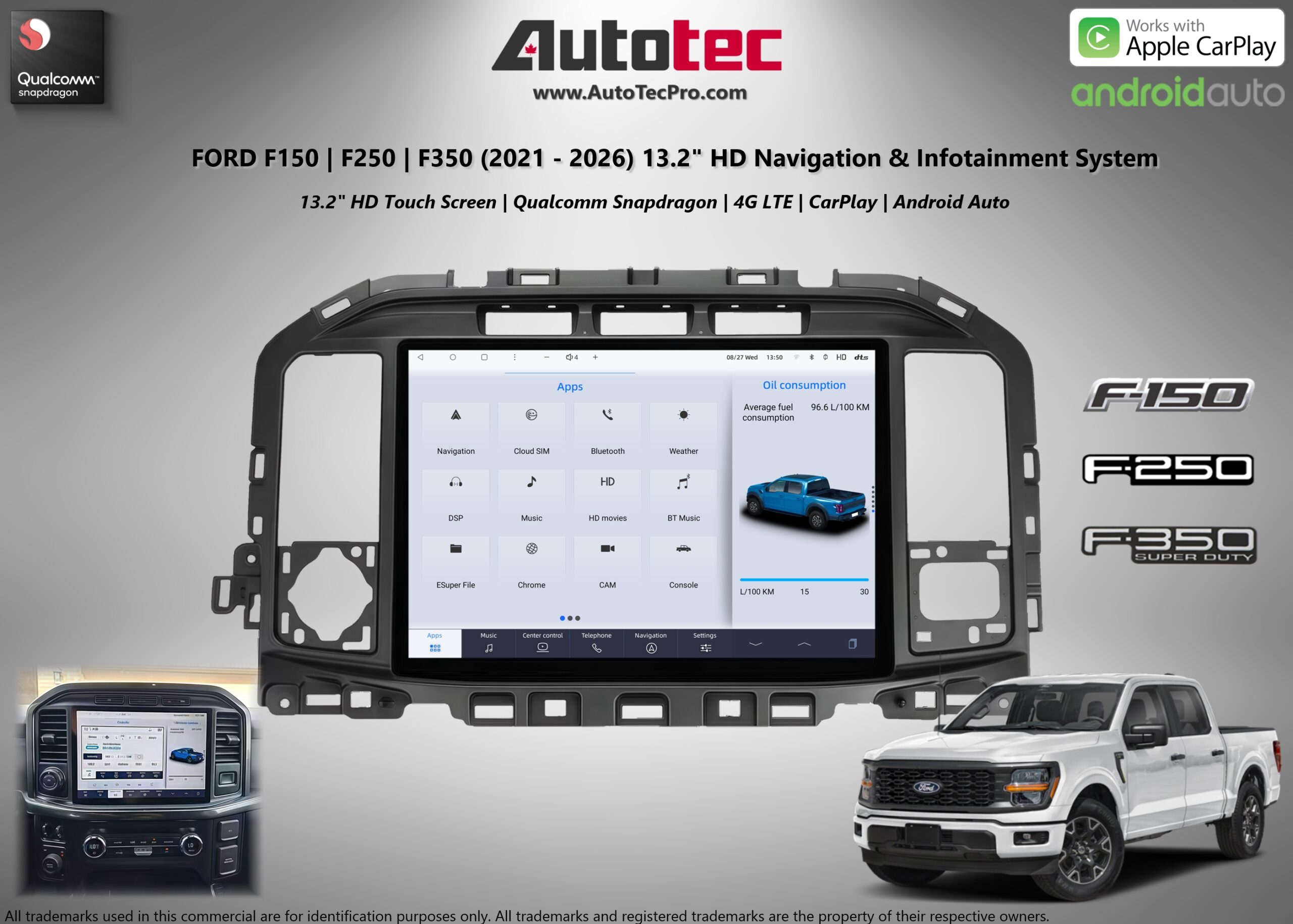 Ford F150 F250 F350 F450 F650 (2021 – 2026) 13.2″ IPS HD Touch-Screen Navigation & Infotainment System | Android 13 | GPS | BT | Wifi | CarPlay | SYNC 4 | 4G LTE