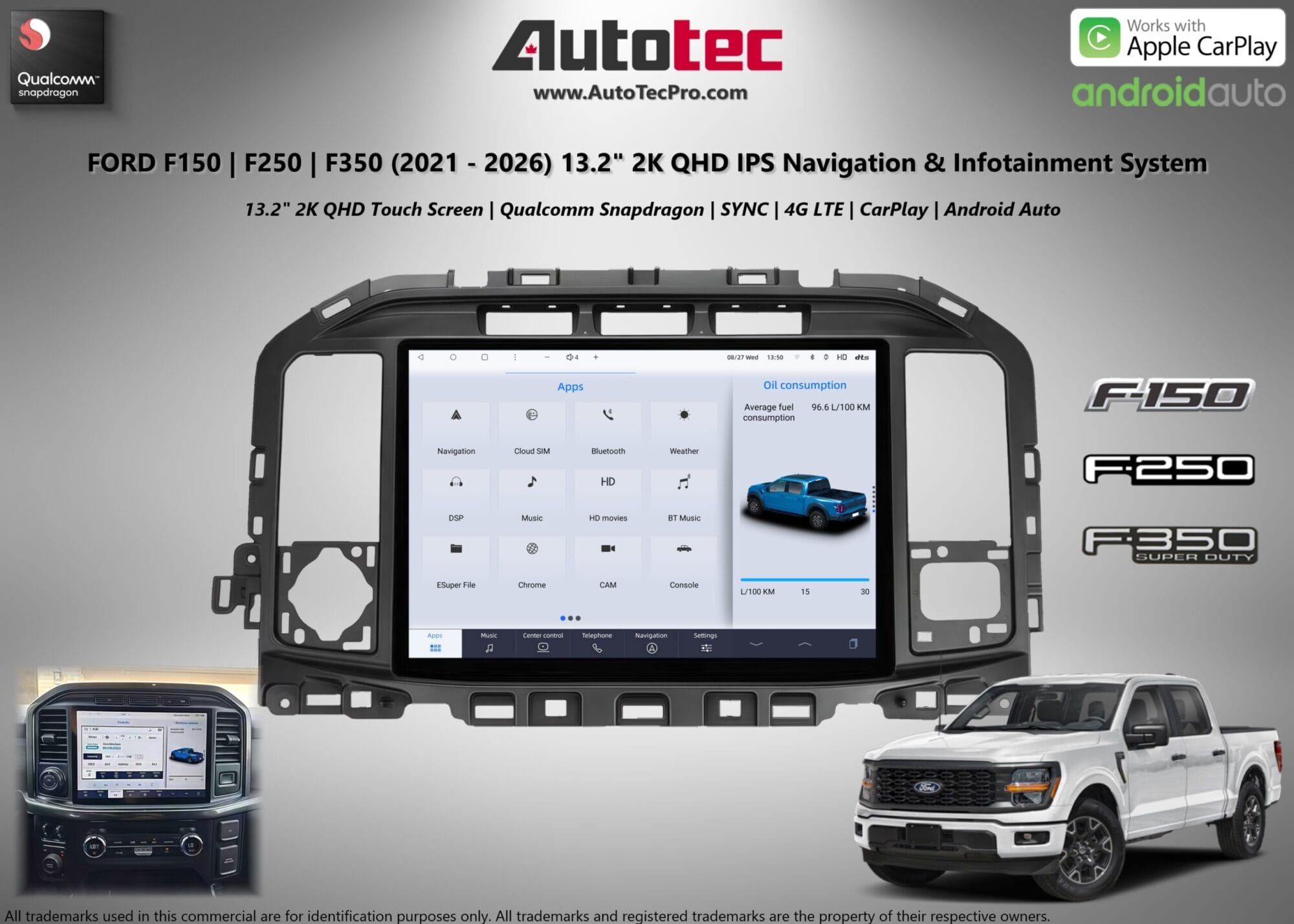 Ford F150 F250 F350 F450 F650 (2021 – 2026) 13.2″ IPS 2K QHD Touch-Screen Navigation & Infotainment System | Android 13 | GPS | BT | Wifi | CarPlay | SYNC 4 | 4G LTE