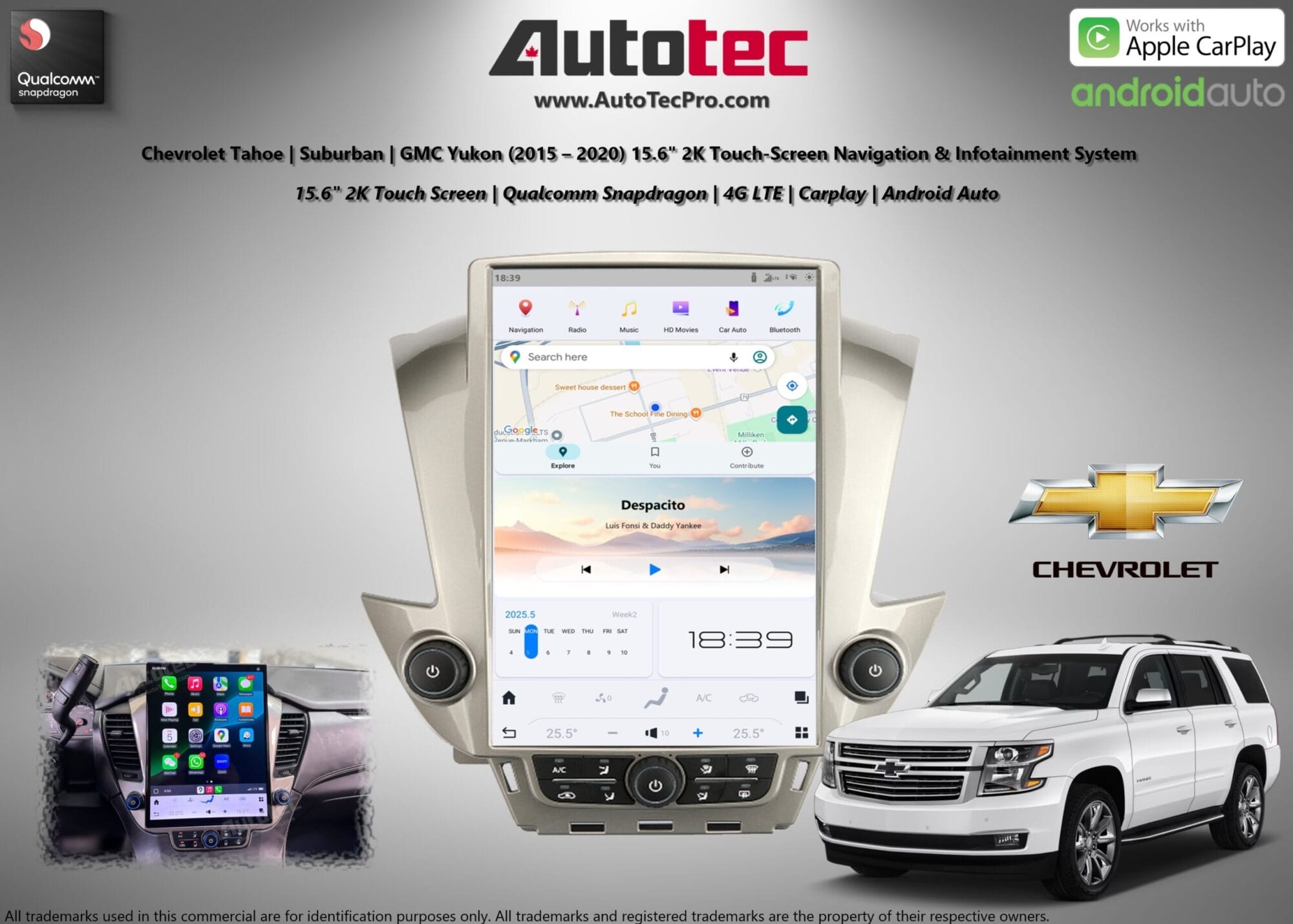 Chevrolet Tahoe / Suburban / GMC Yukon (2015 – 2020) 15.6″ IPS QHD 2K Touch-Screen Navigation & Infotainment System | Android 13 | GPS | BT | Wifi | CarPlay | Onstar | 4G LTE