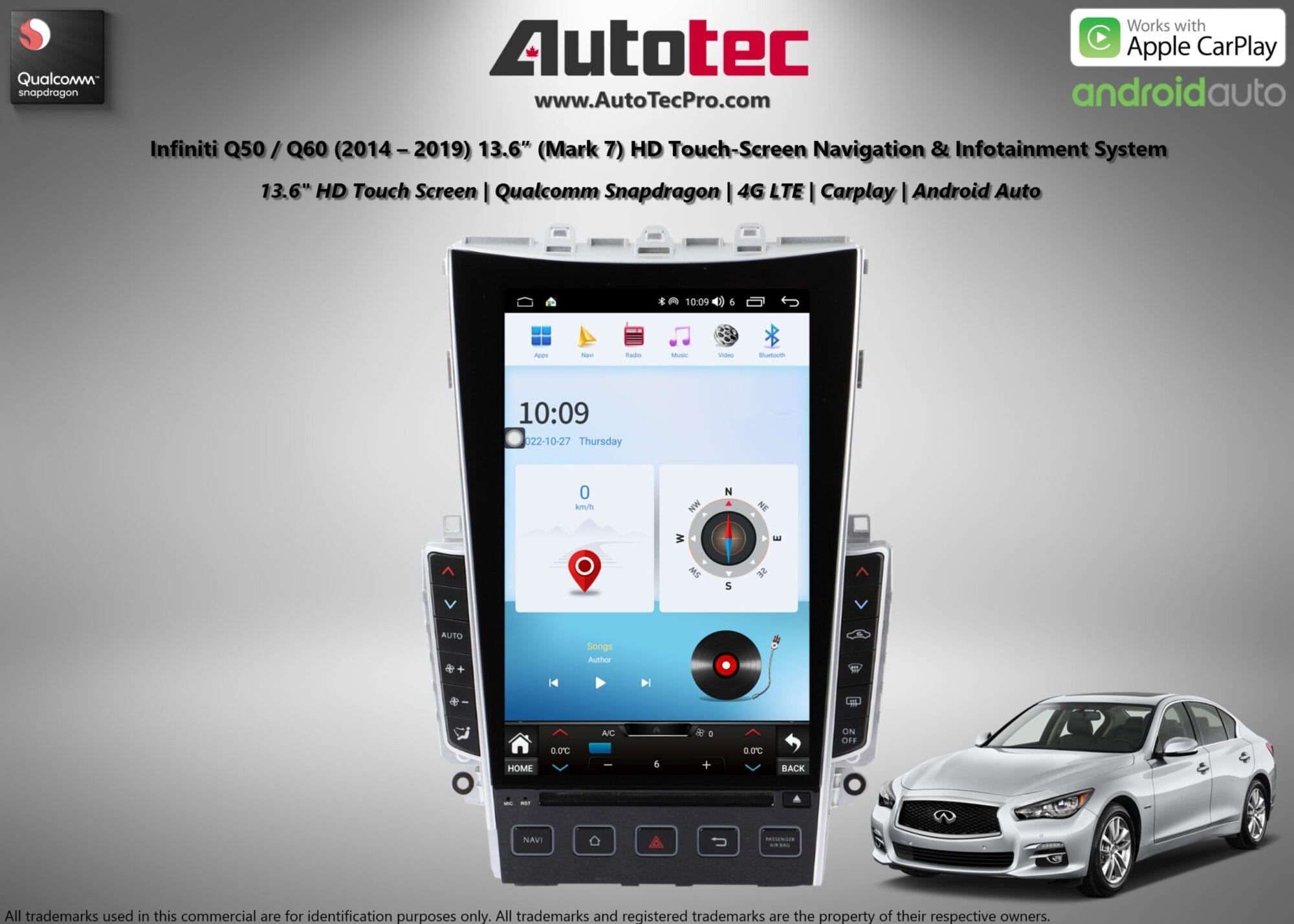 Infiniti Q50 / Q60 (2013 – 2019) 13.6″ (Mark 7) IPS HD 1080P Touch-Screen Navigation & Infotainment System | Android 13 | GPS | BT | Wifi | 4G LTE | CarPlay