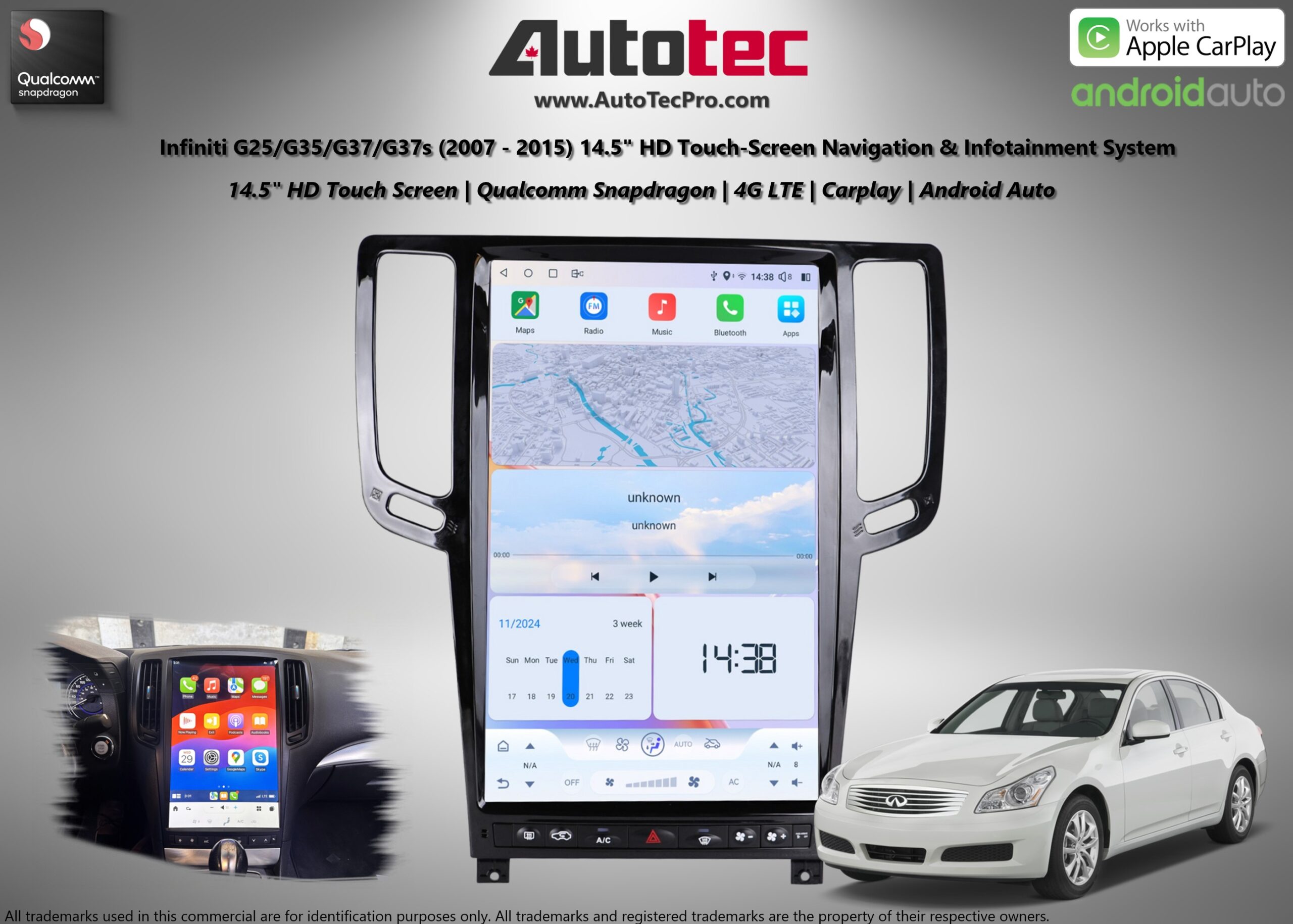 Infiniti G25/G35/G37/G37s (2007 – 2015) 14.5″ (Mark 7) 2K QHD Touch-Screen Navigation & Infotainment System | GPS | BT | Wifi | 4G LTE | CarPlay