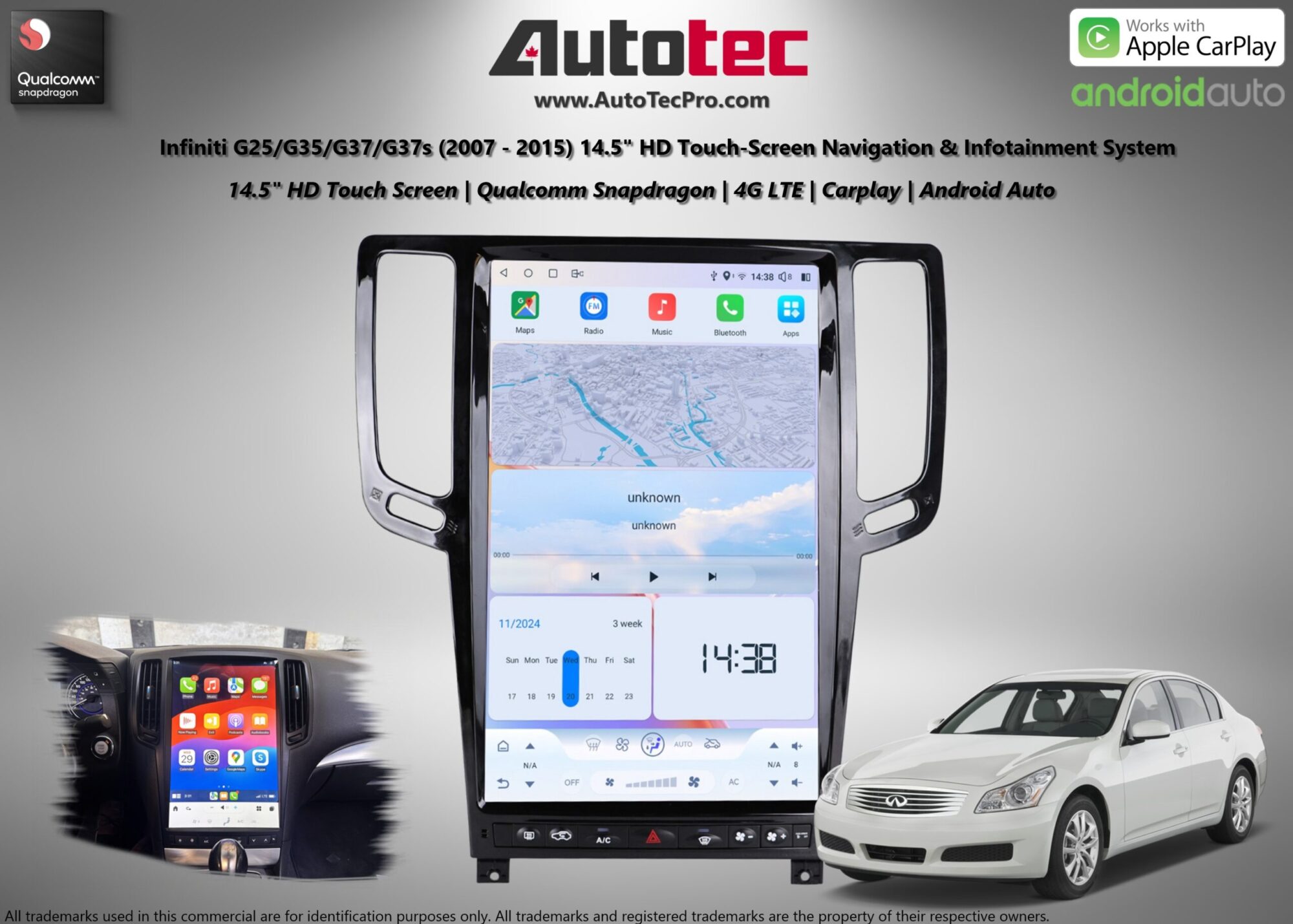 Infiniti G25/G35/G37/G37s (2007 – 2015) 14.5″ (Mark 7) 2K QHD Touch-Screen Navigation & Infotainment System | GPS | BT | Wifi | 4G LTE | CarPlay