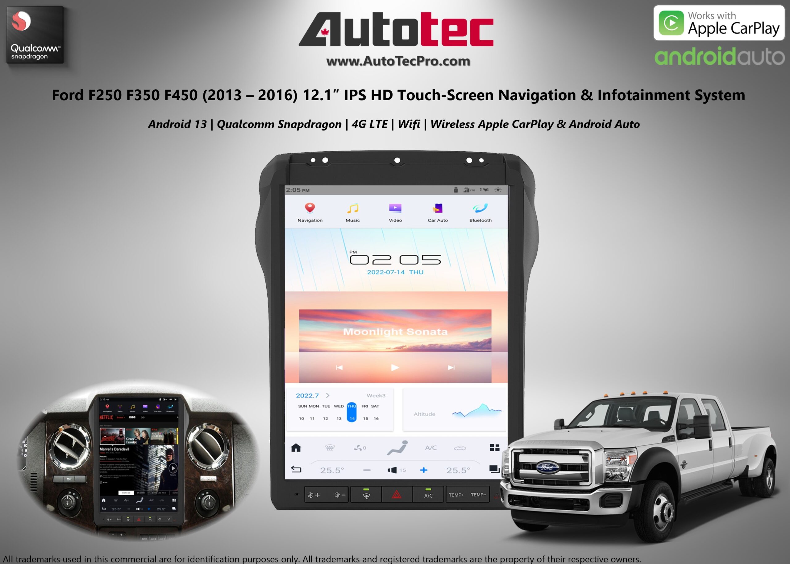 Ford F250 F350 F450 (2013 – 2016) 12.1″ IPS HD Touch-Screen Navigation & Infotainment System | Android 13 | GPS | BT | Wifi | 4G LTE | CarPlay | SYNC 2