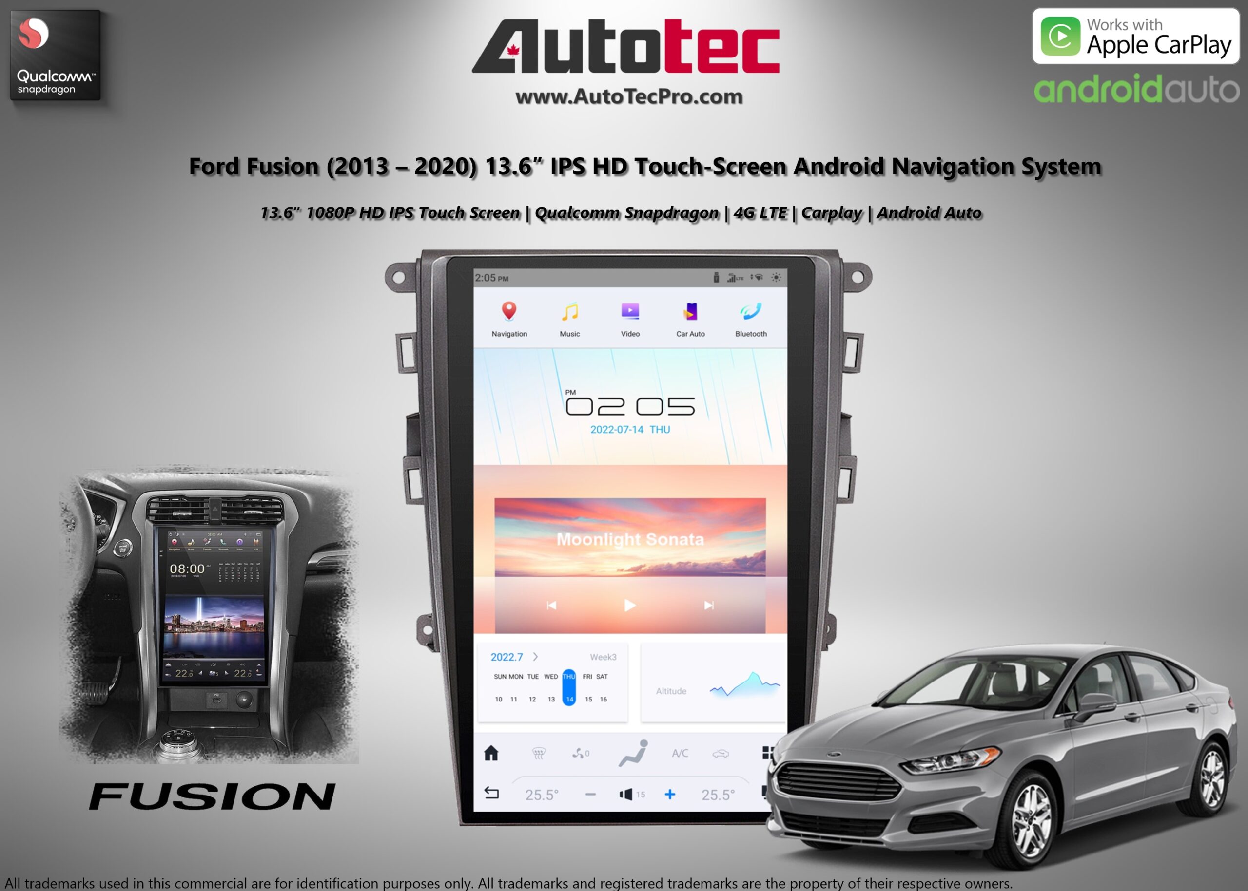 Ford Fusion (2013 – 2020) 13.6″ IPS HD Touch-Screen Android Navigation System | Android 13 | GPS | BT | Wifi | CarPlay | SYNC | 4G LTE