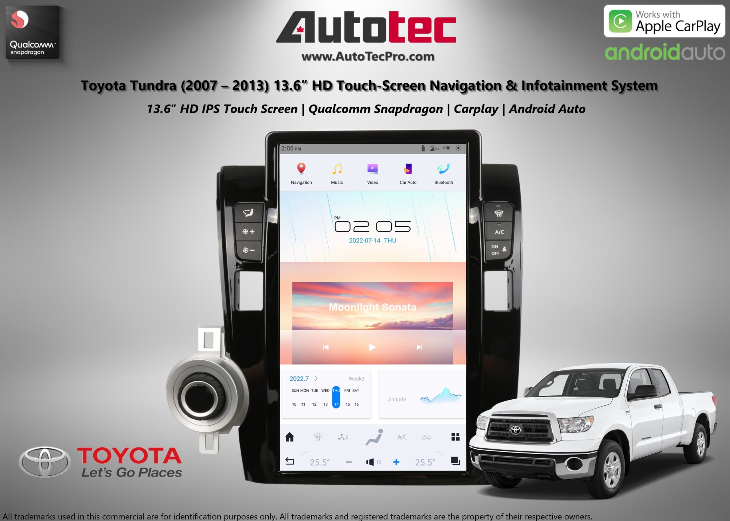 Toyota Tundra (2007 – 2013) 13.6″ HD Touch-Screen Navigation & Infotainment System | Android 13 | GPS | BT | WiFi | Camera | CarPlay