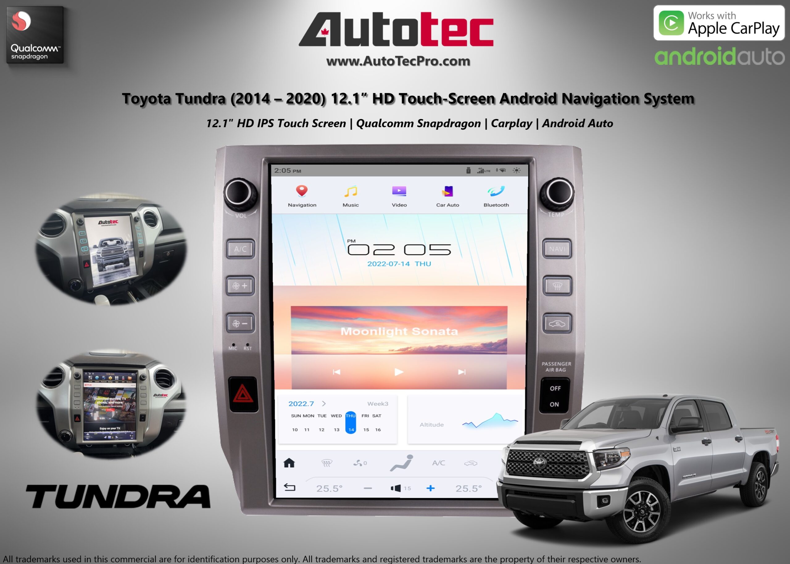 Toyota Tundra (2014 – 2021) 12.1″ HD Touch-Screen Android Navigation System | Android 13 | GPS | BT | WiFi | Camera | CarPlay
