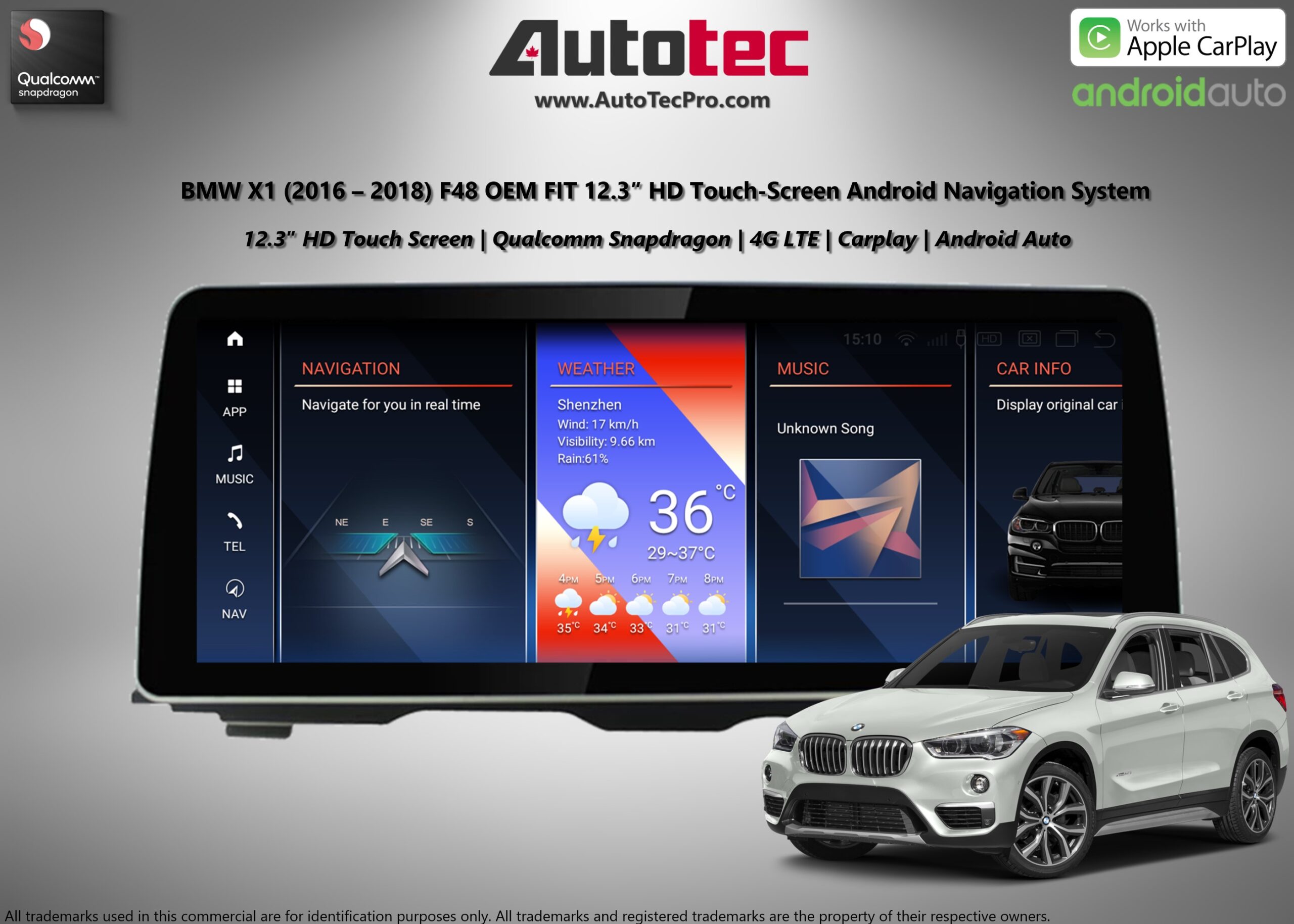 BMW X1 (2016 – 2018) F48 OEM FIT 12.3″ HD Touch-Screen Android Navigation System | Android 14 | GPS | BT | Wifi | Camera | CarPlay