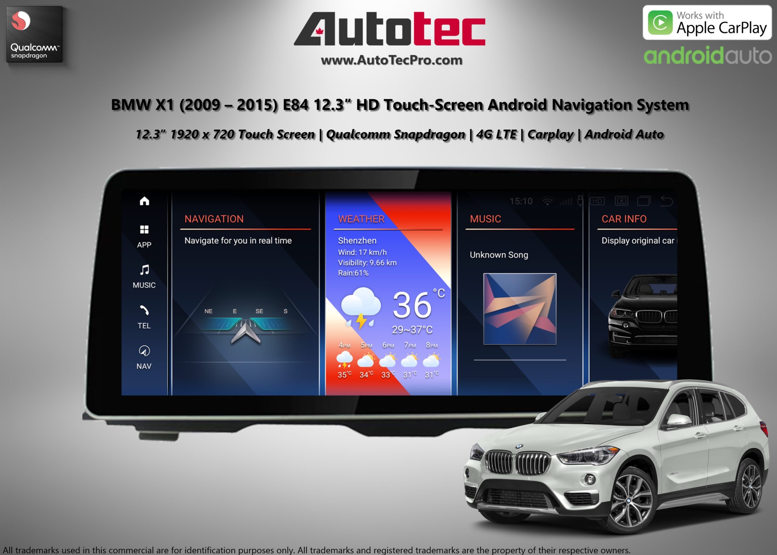 BMW X1 (2009 – 2015) E84 OEM FIT 12.3″ HD Touch-Screen Android Navigation System | Android 14 | GPS | BT | Wifi | Camera | CarPlay