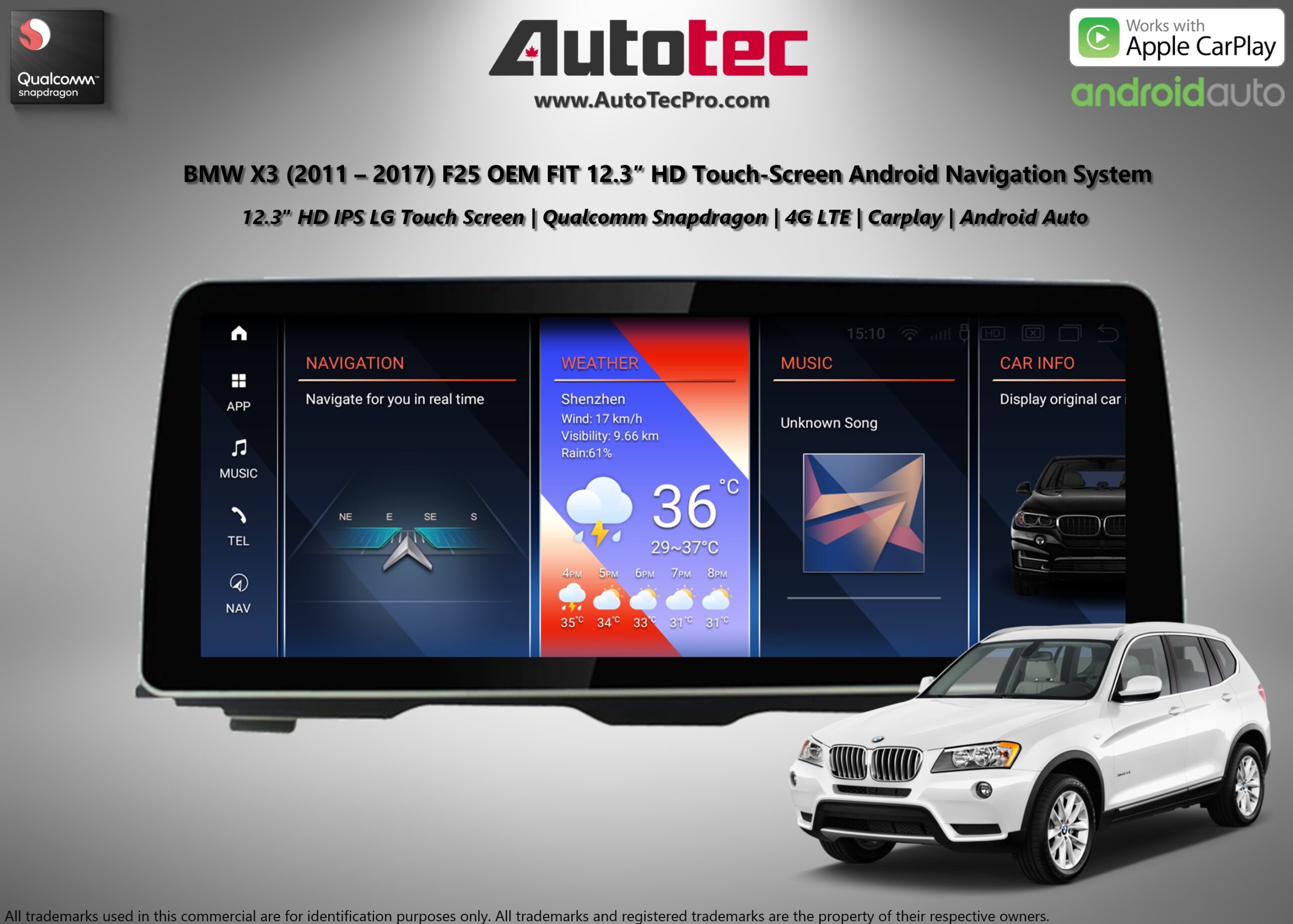 BMW X3 (2011 – 2018) F25 OEM FIT 12.3″ HD Touch-Screen Android Navigation System | Android 14 | GPS | BT | Wifi | Camera | CarPlay