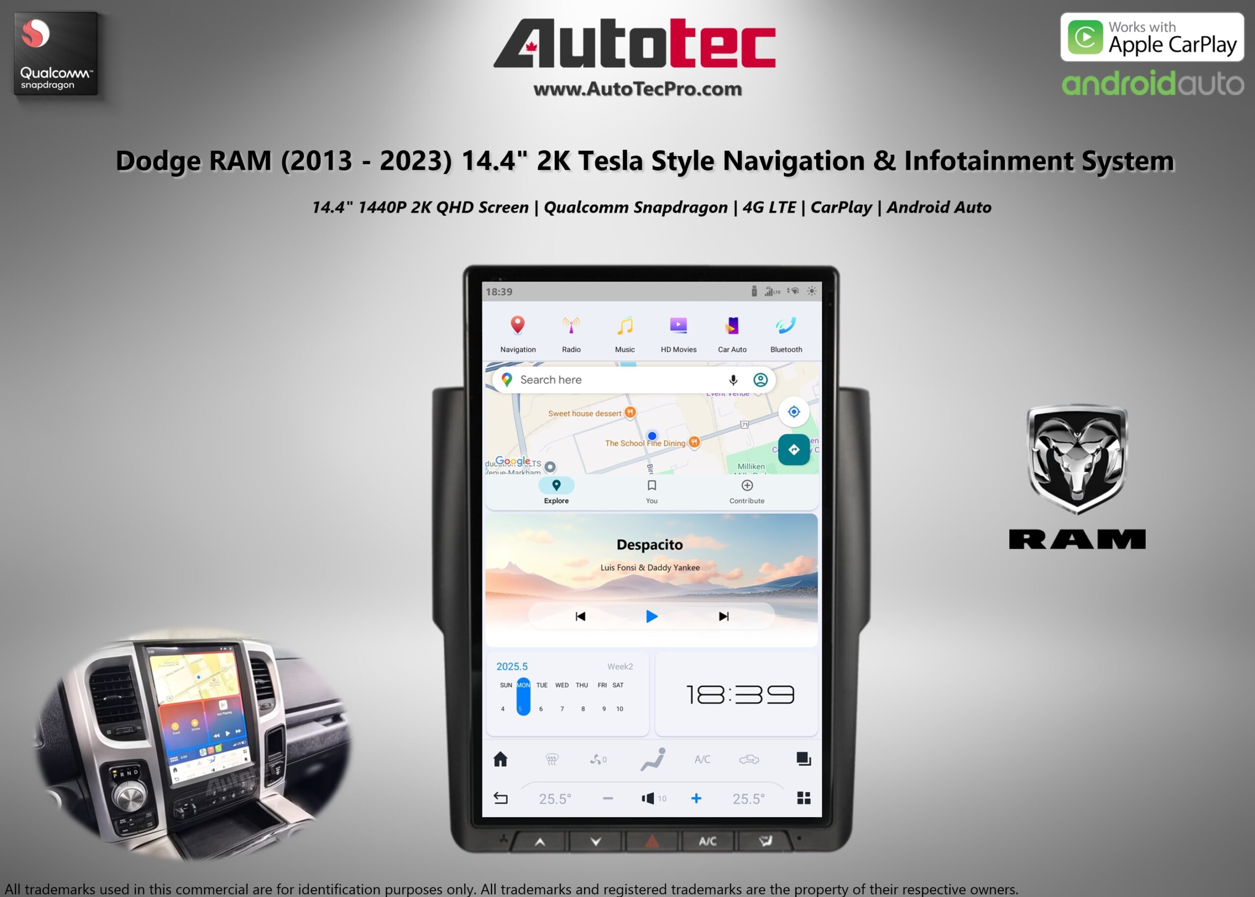 Dodge RAM (2013 – 2018) 14.4″ IPS QHD 2K Touch-Screen Android Navigation System | Android 13 | GPS | BT | Wifi | CarPlay | Android Auto | 4G LTE