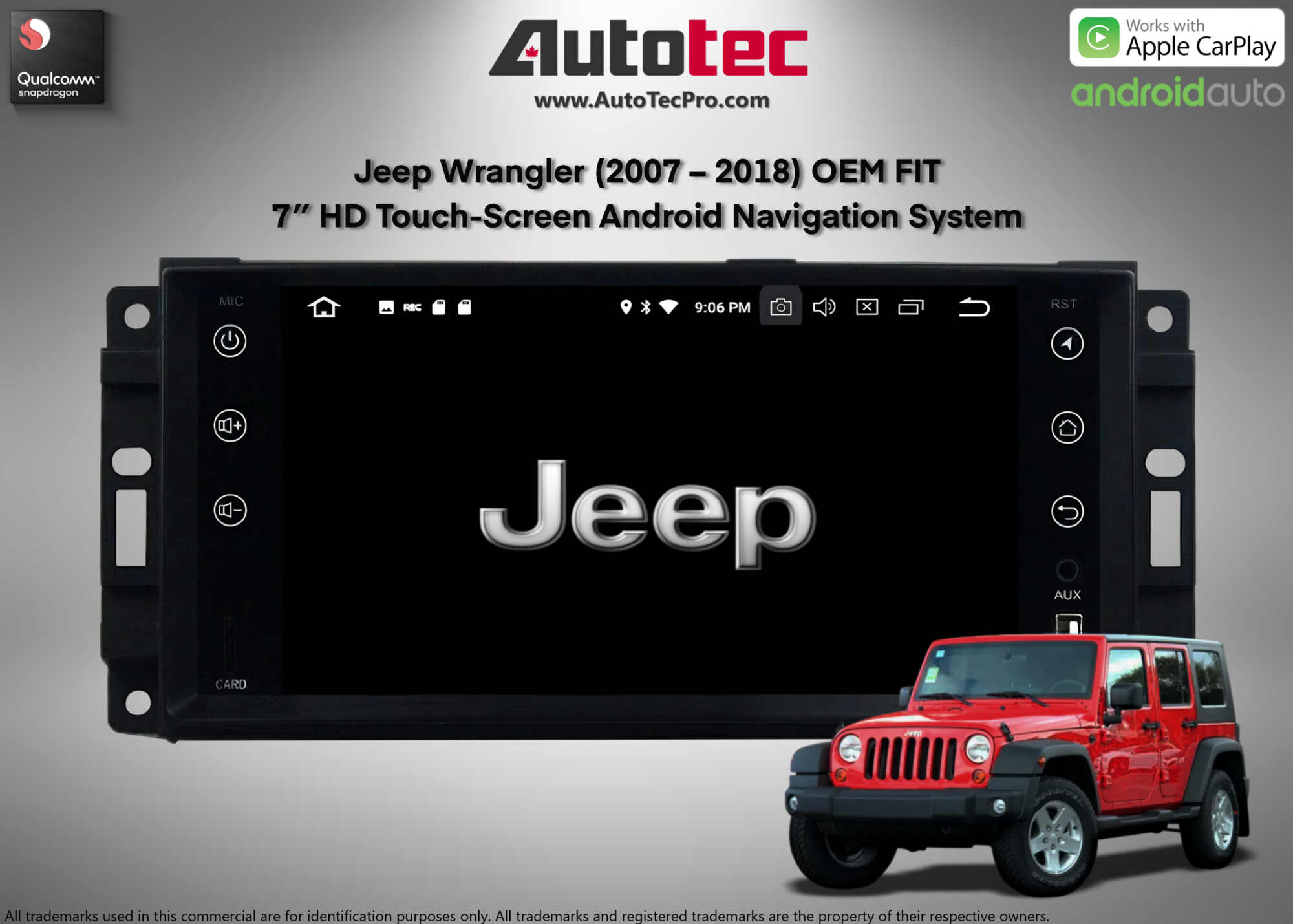 Jeep Wrangler (2007 – 2018) OEM FIT 7″ HD Touch-Screen Android Navigation System | Android 14 | GPS | BT | Wifi | CarPlay | Camera