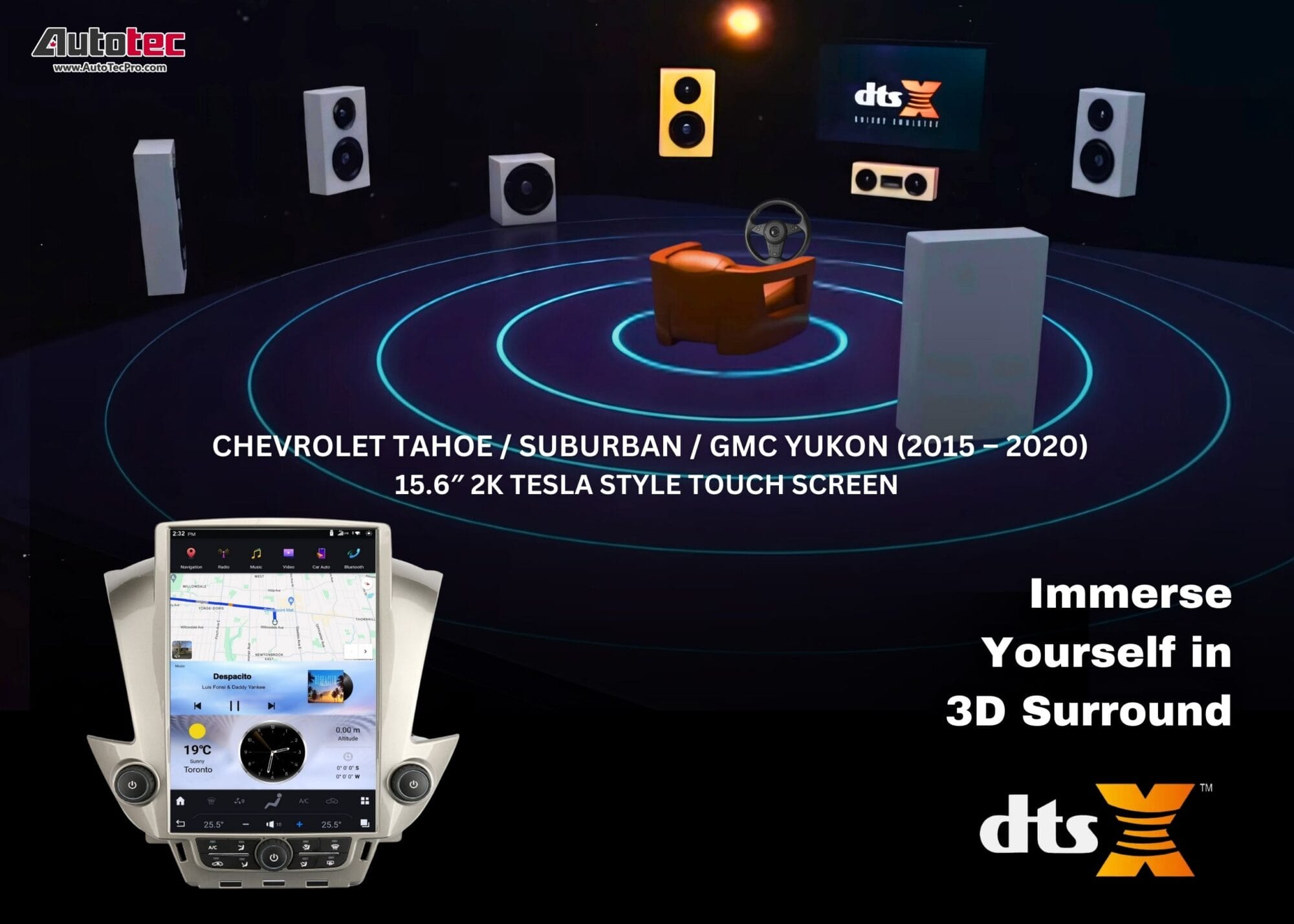 Chevrolet Tahoe / Suburban / GMC Yukon (2015 – 2020) 15.6″ IPS QHD 2K Touch-Screen Navigation & Infotainment System | Android 13 | GPS | BT | Wifi | CarPlay | Onstar | 4G LTE