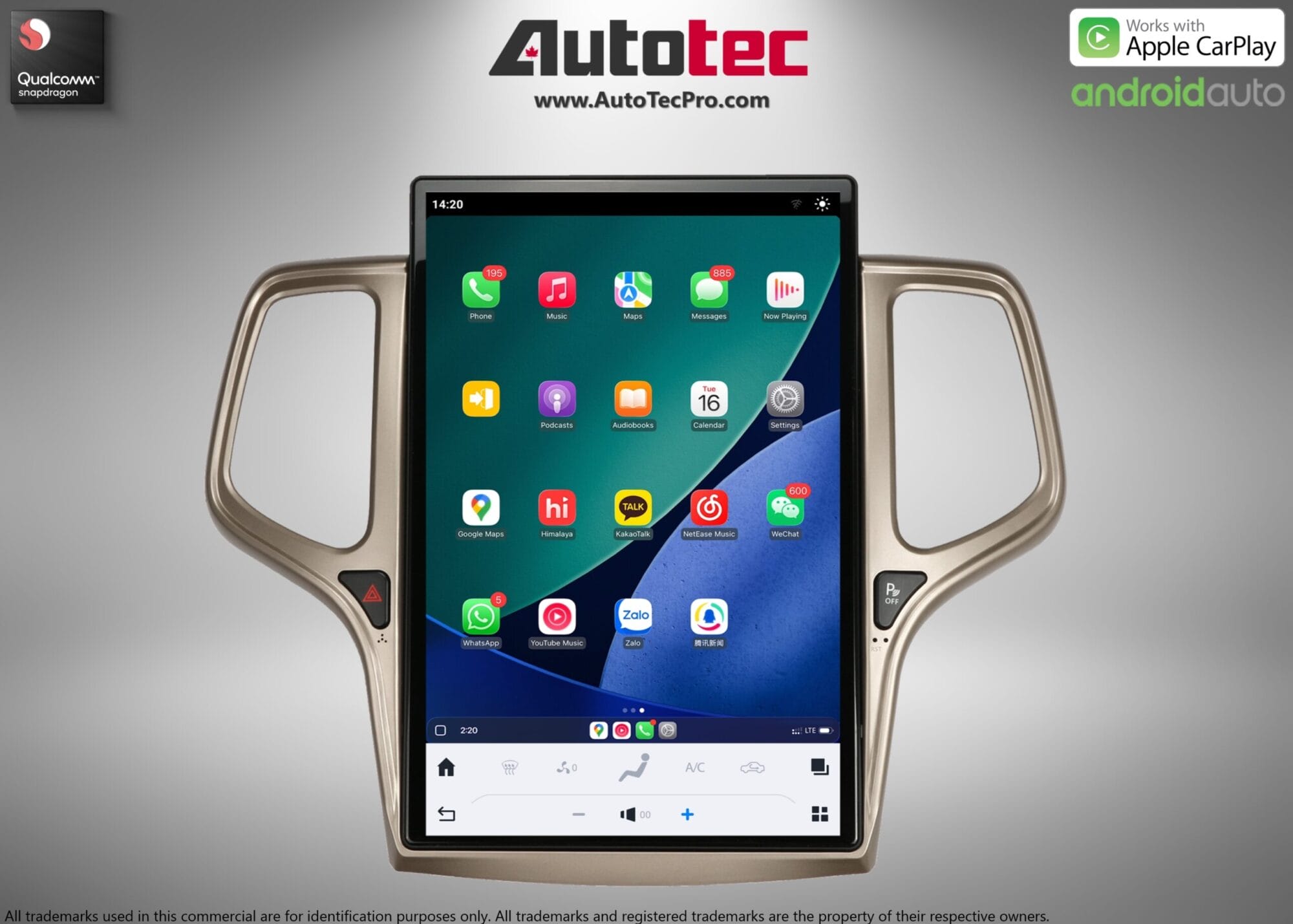 Jeep Grand Cherokee (2014 – 2021) 14.4″ IPS QHD 2K Touch-Screen Android Navigation System | Android 13 | GPS | BT | Wifi | CarPlay | Android Auto | 4G LTE